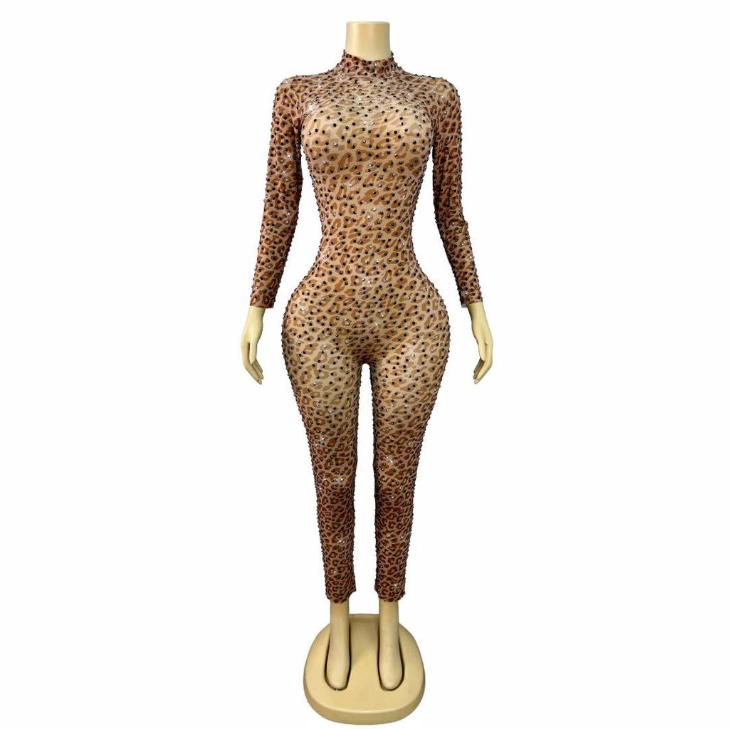 CELESINYI Baozi Crystal Leopard Stud Catsuit