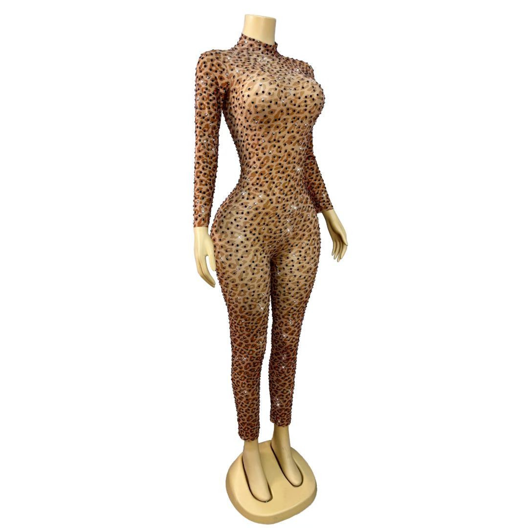 CELESINYI Baozi Crystal Leopard Stud Catsuit