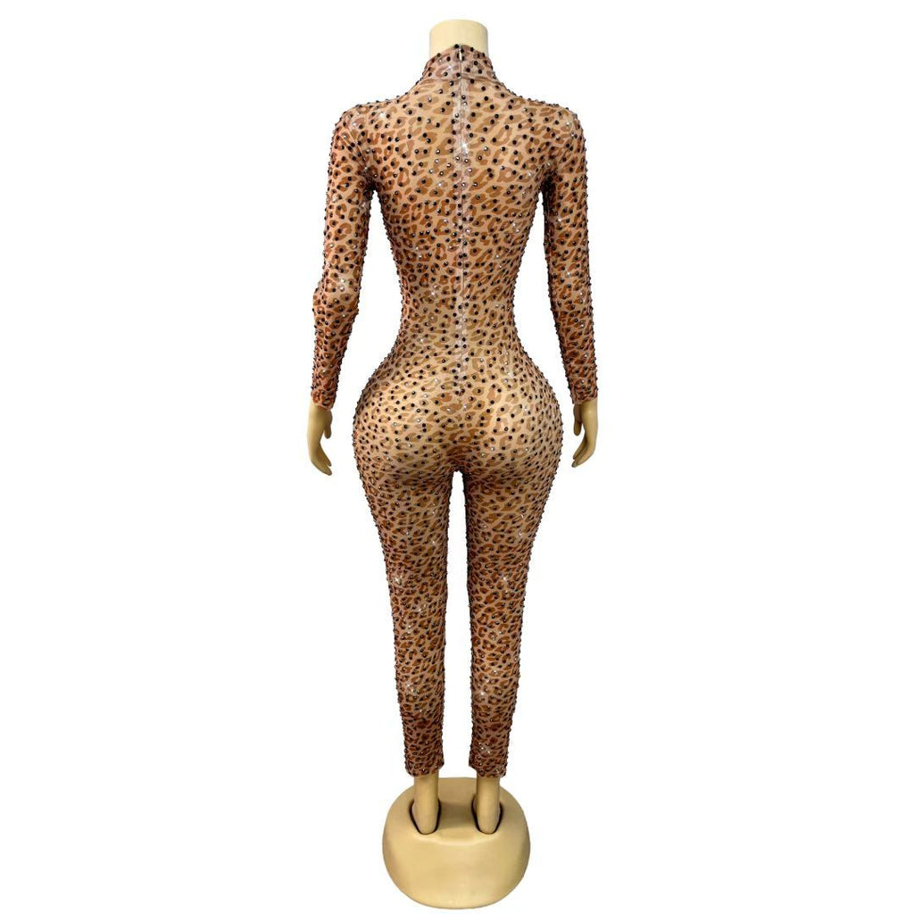 CELESINYI Baozi Crystal Leopard Stud Catsuit