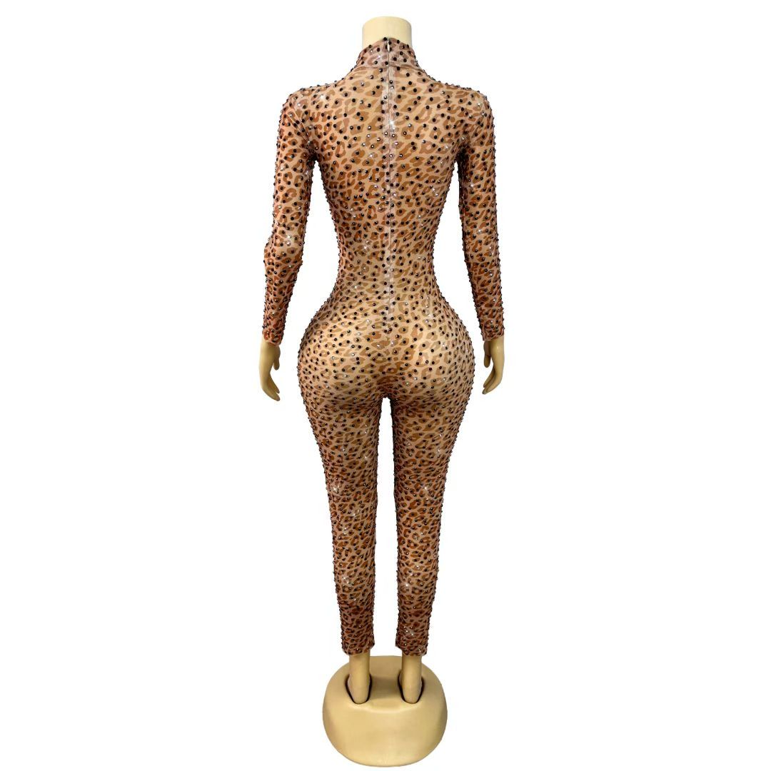 CELESINYI Baozi Crystal Leopard Stud Catsuit