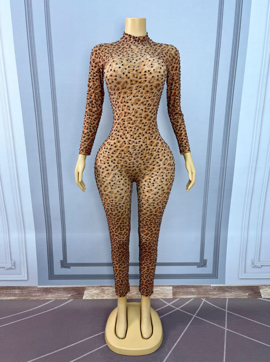 CELESINYI Baozi Crystal Leopard Stud Catsuit