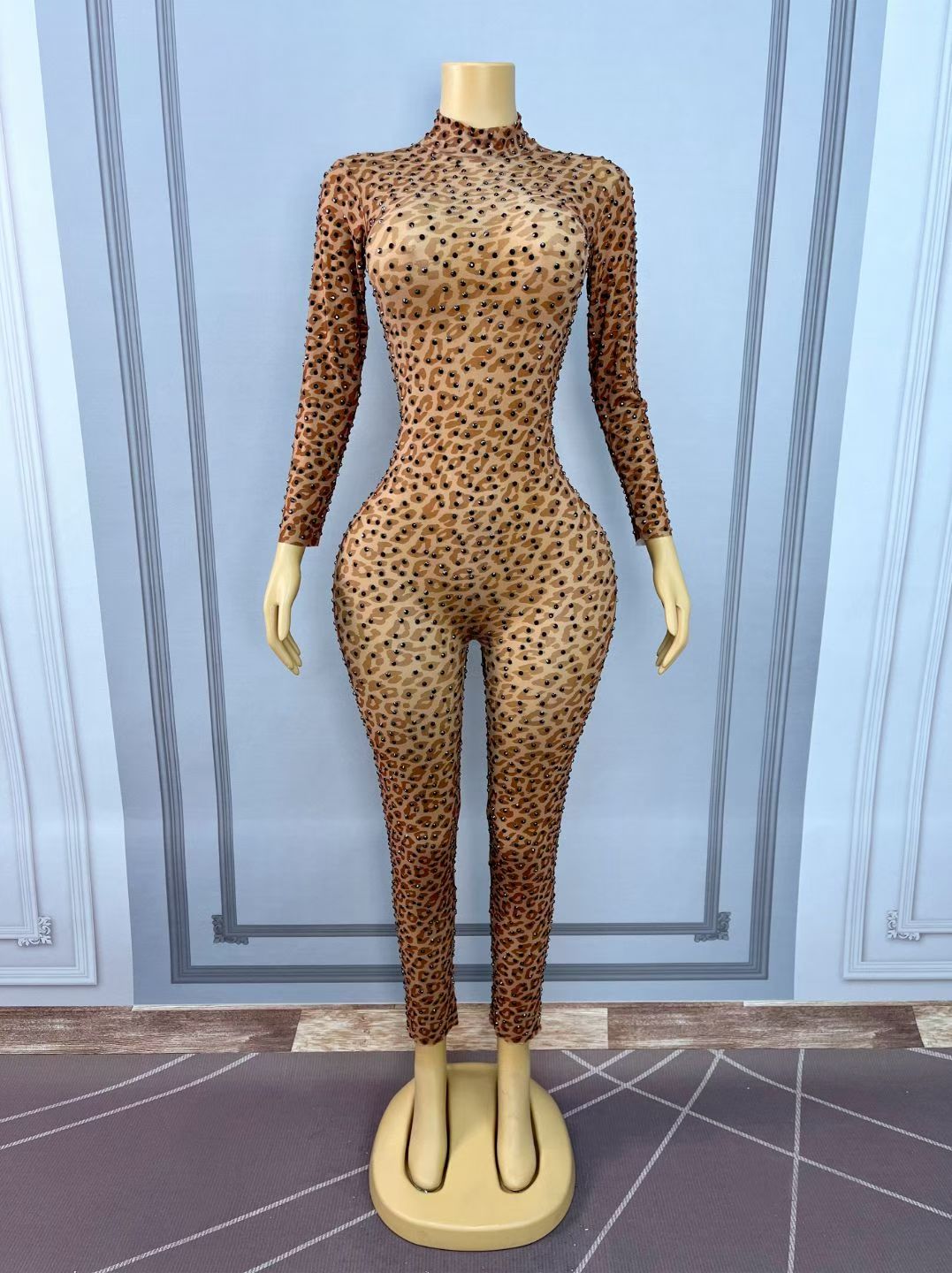 CELESINYI Baozi Crystal Leopard Stud Catsuit