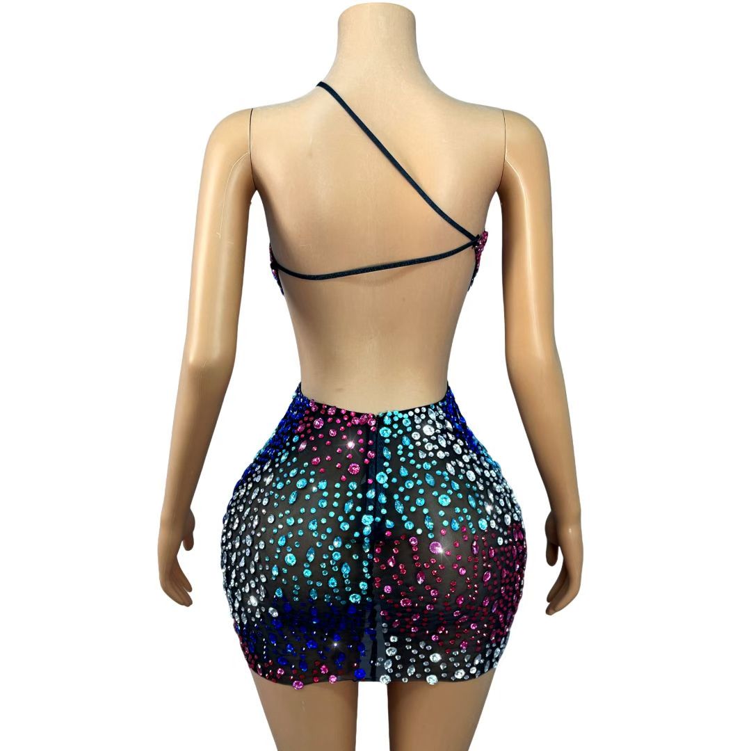 CELESINYI Pintupian Crystal Color Block Mini Skirt Black Mesh