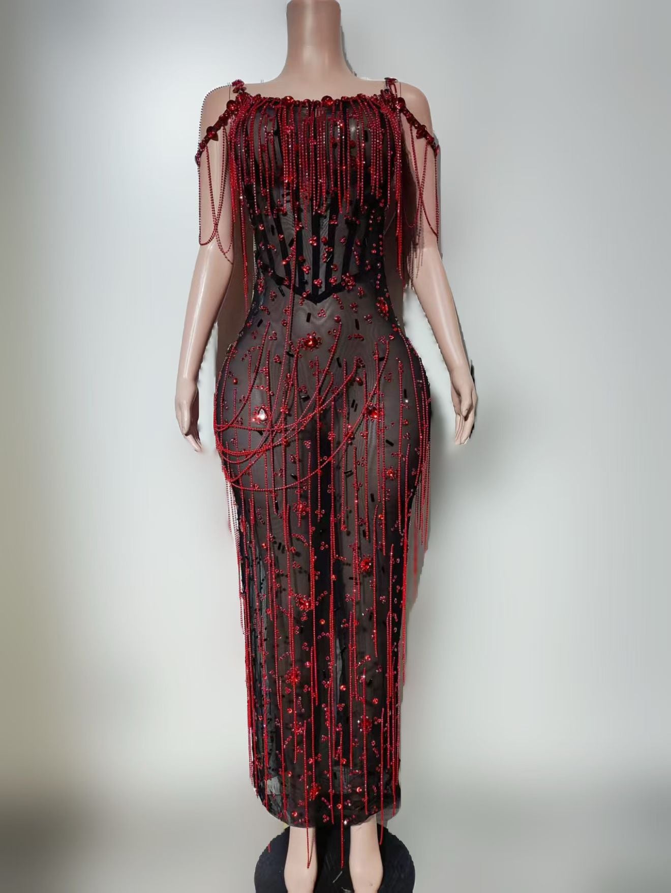 CELESINYI Lajiao Crystal Red Bead Fringe Illusion Gown