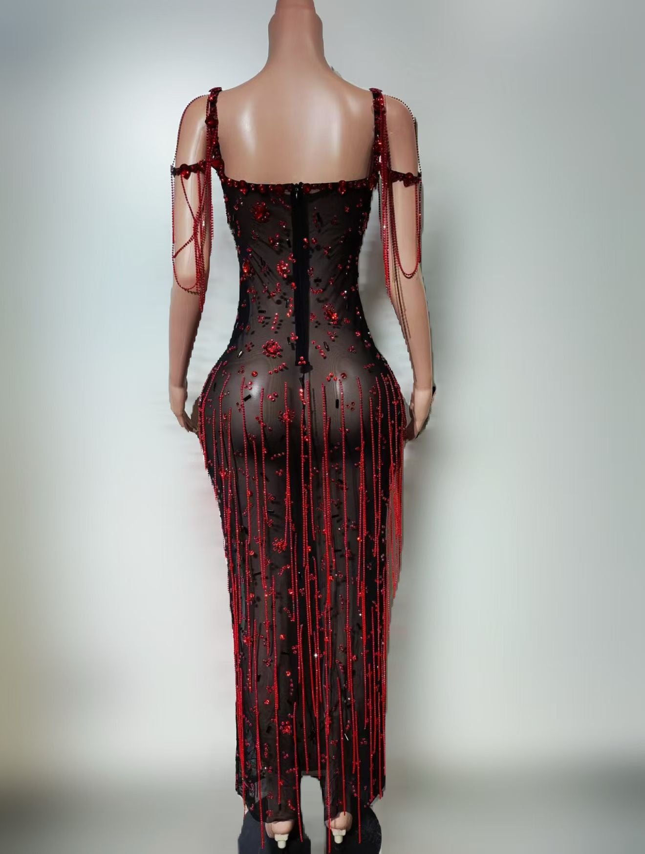 CELESINYI Lajiao Crystal Red Bead Fringe Illusion Gown