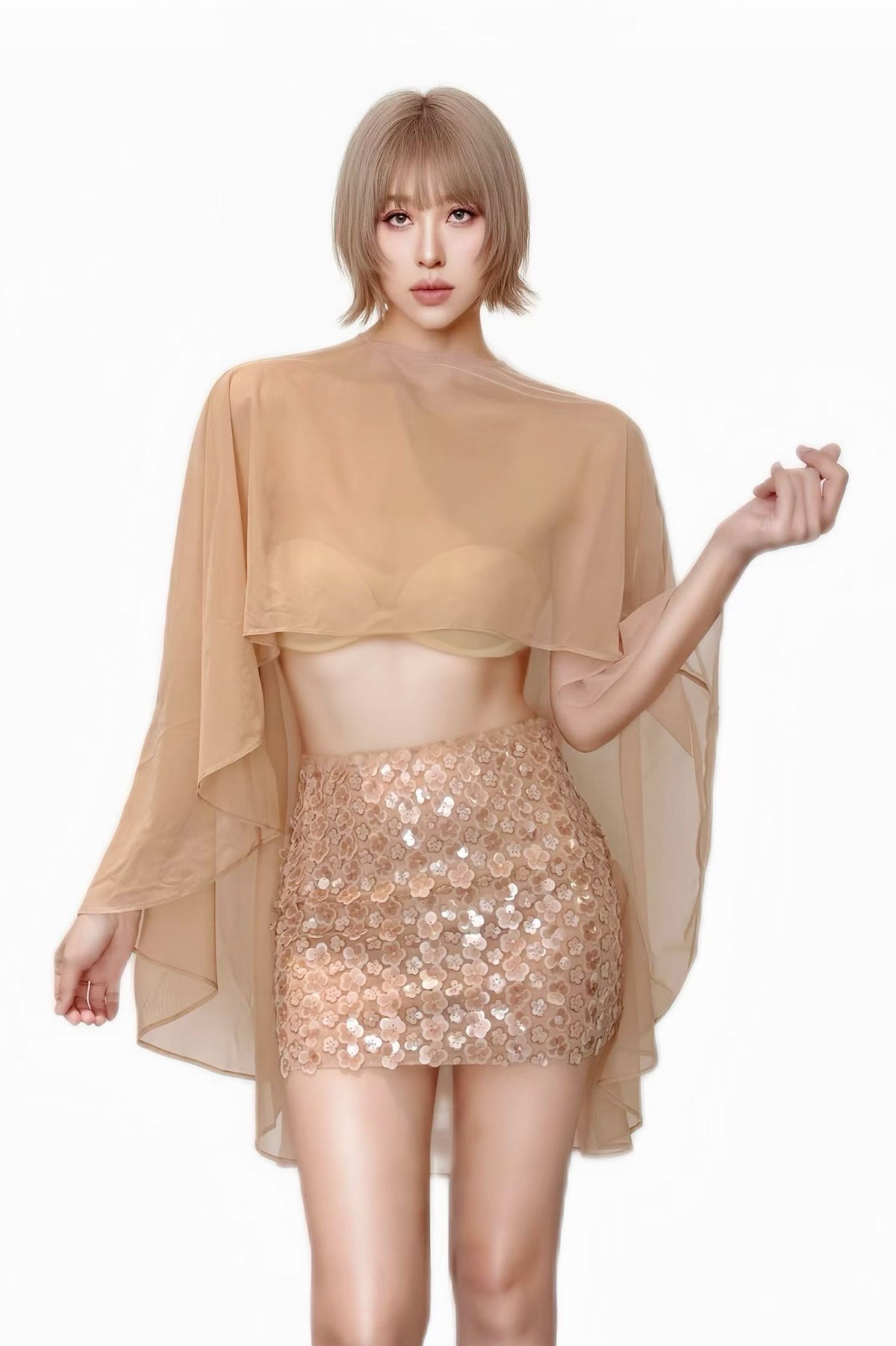 CELESINYI Chuju Dusty Pink Floral Cape Top Set