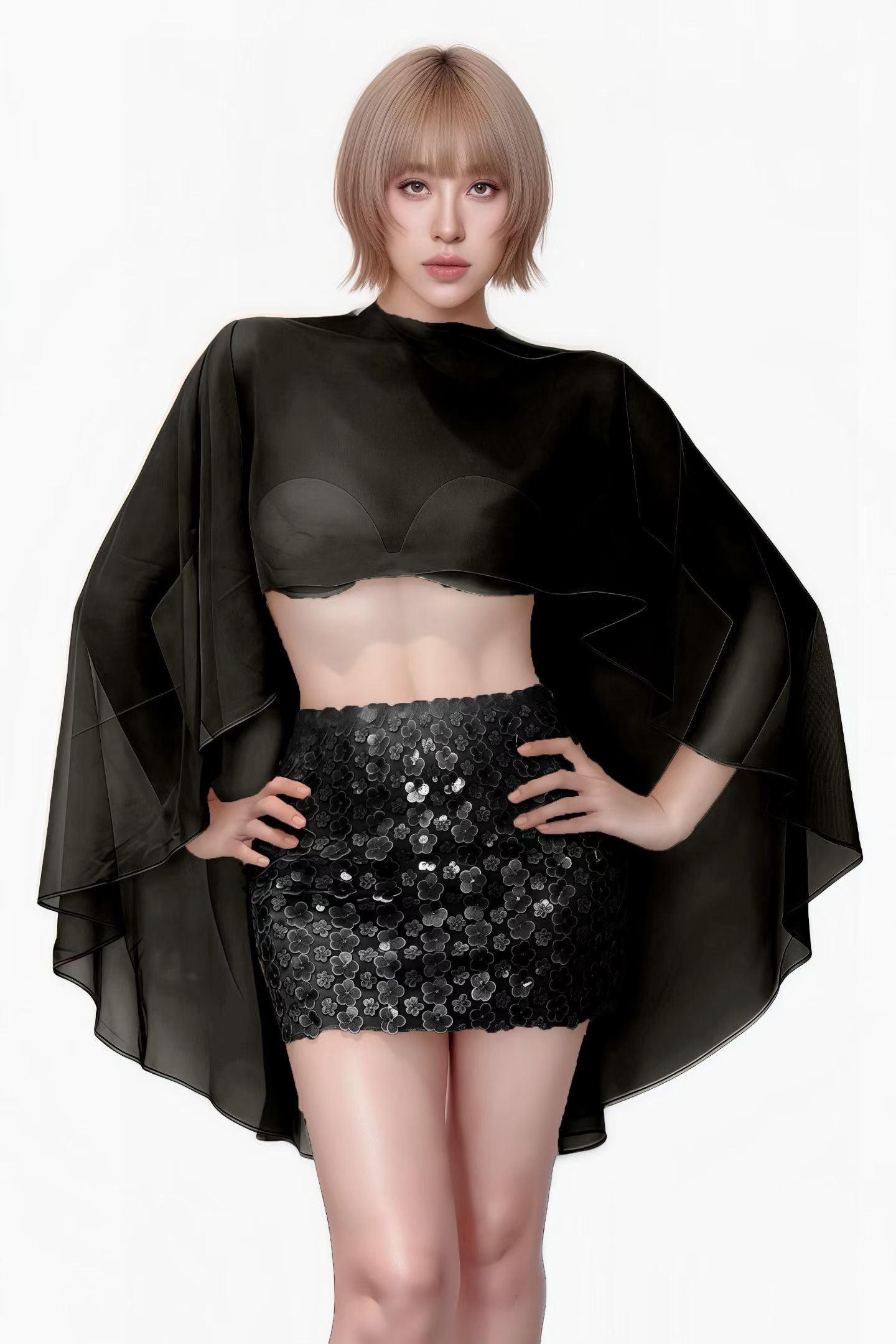 CELESINYI Chuju Dusty Pink Floral Cape Top Set
