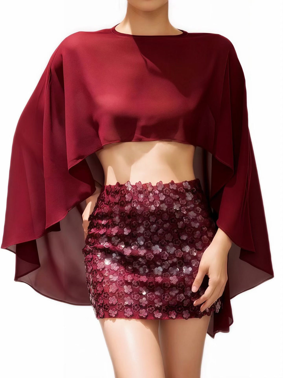 CELESINYI Chuju Dusty Pink Floral Cape Top Set