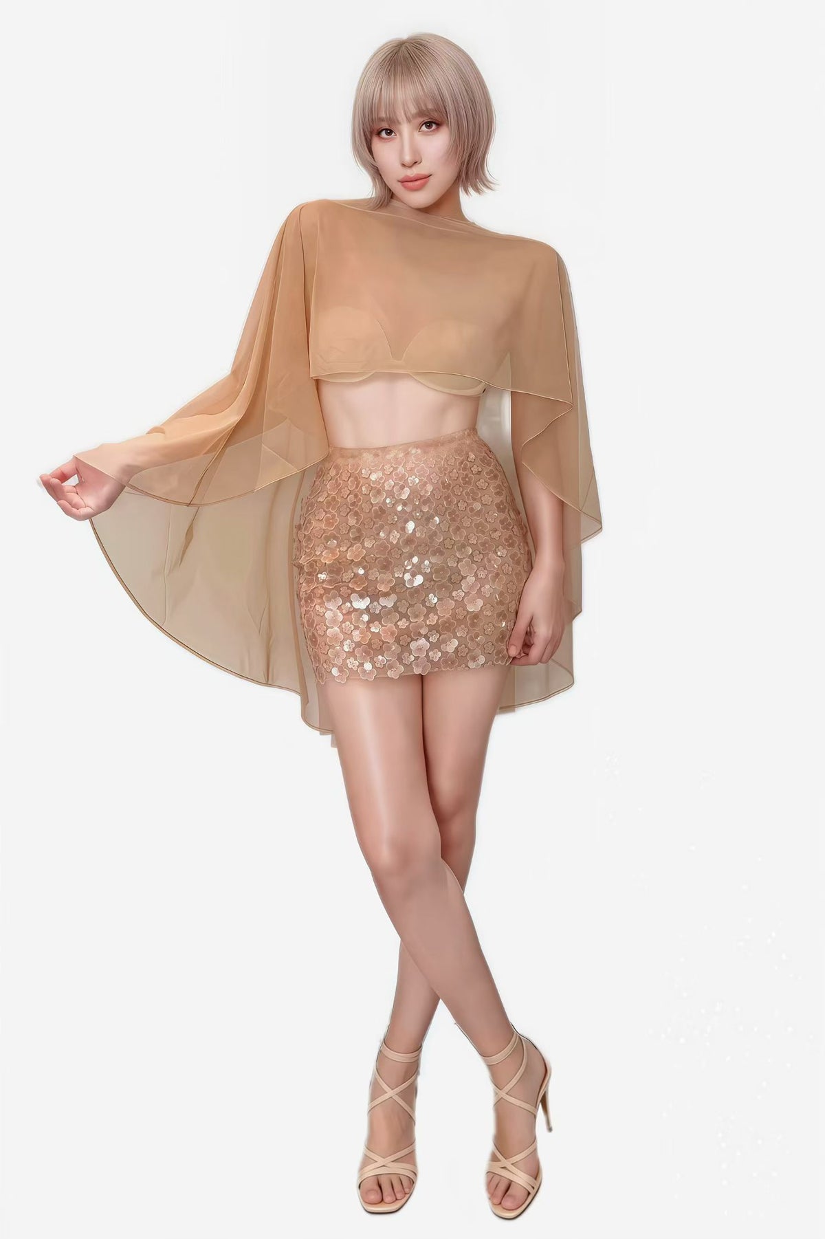 CELESINYI Chuju Dusty Pink Floral Cape Top Set