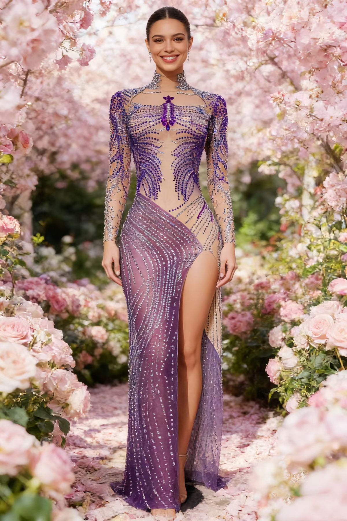 CELESINYI Ziyunshu Crystal Purple Illusion High Slit Gown