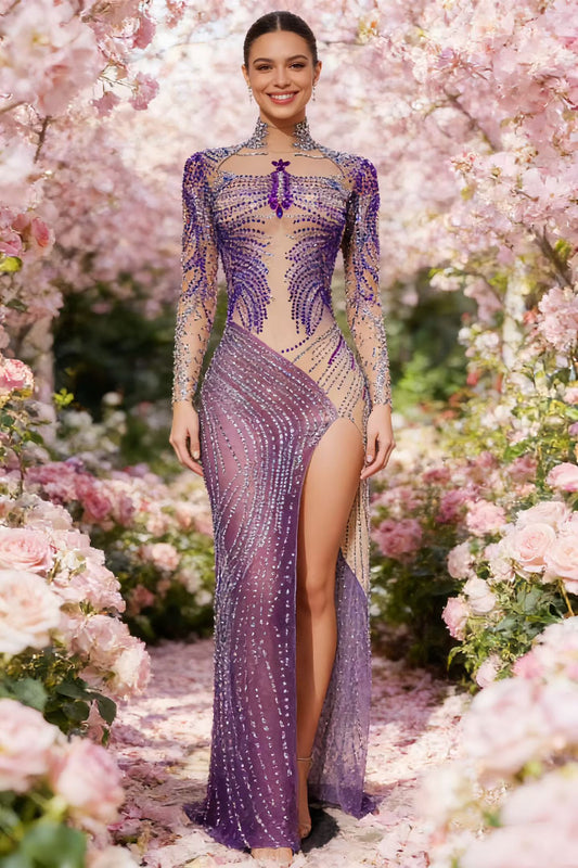 CELESINYI Ziyunshu Crystal Purple Illusion High Slit Gown