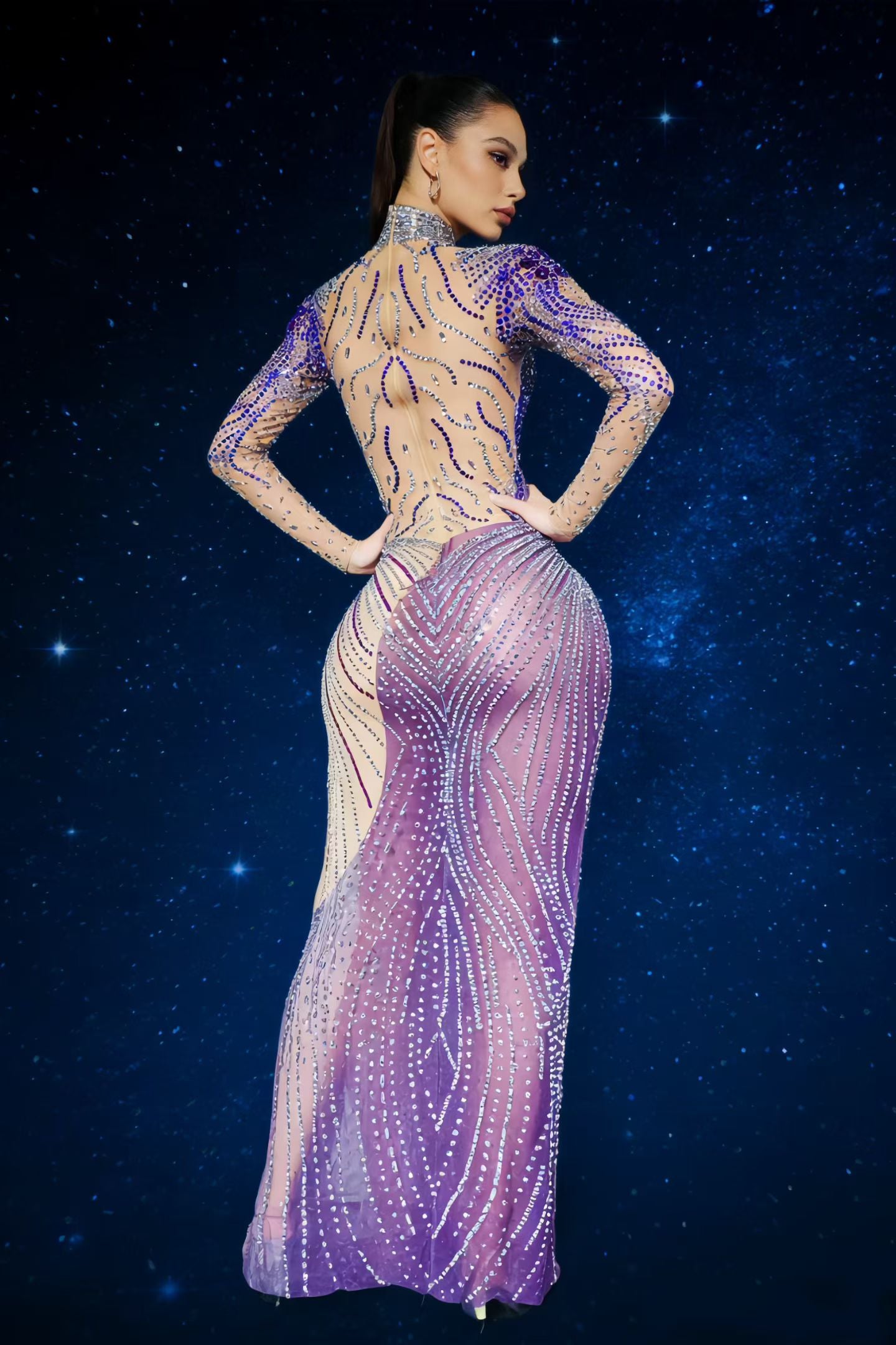 CELESINYI Ziyunshu Crystal Purple Illusion High Slit Gown