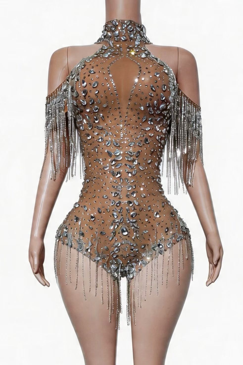 CELESINYI Dianying Crystal Fringe Sparkle Bodysuit