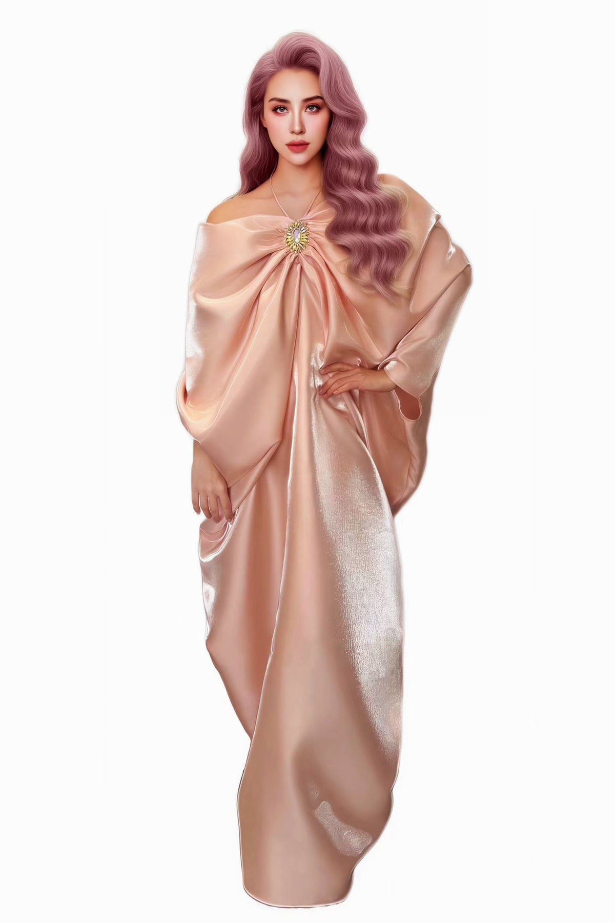CELESINYI Jiaoyun Pearl Pink Satin Cape Gown