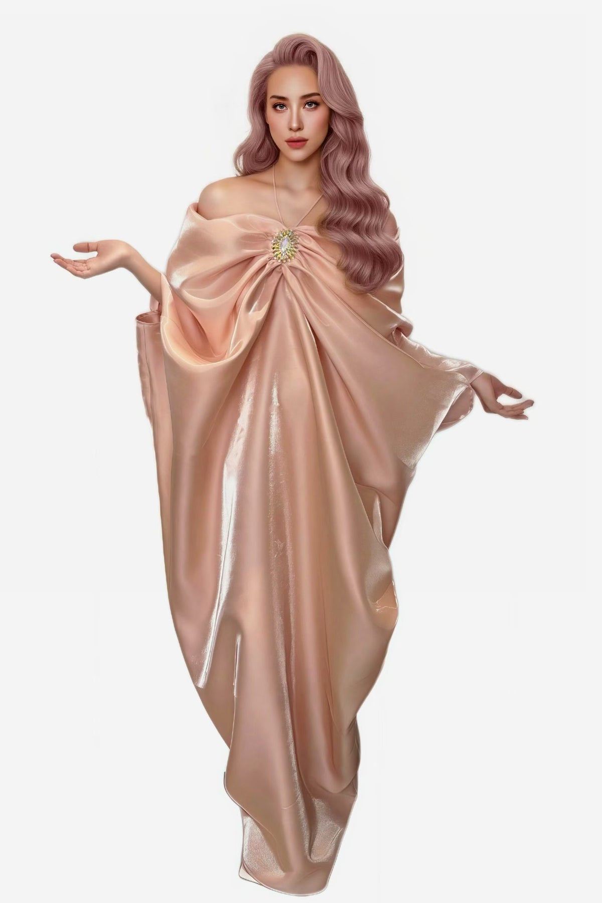 CELESINYI Jiaoyun Pearl Pink Satin Cape Gown