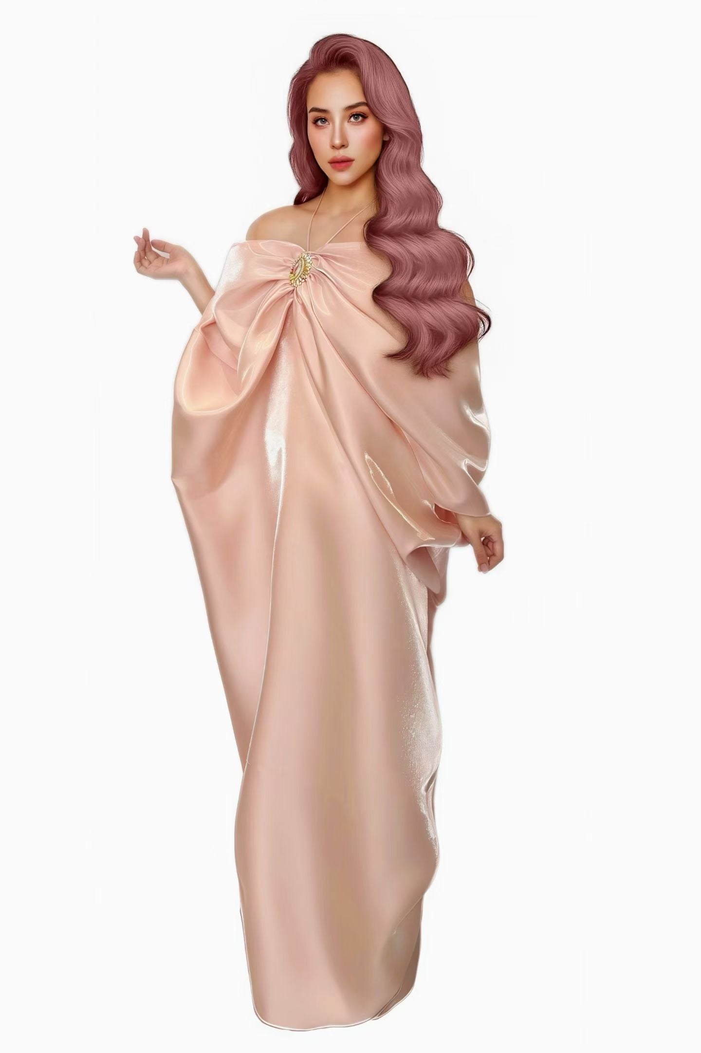 CELESINYI Jiaoyun Pearl Pink Satin Cape Gown