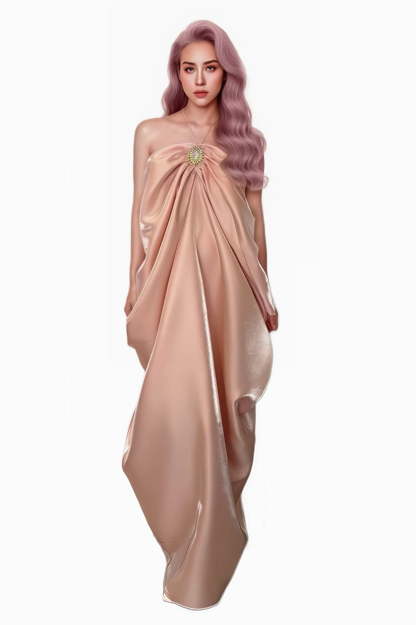 CELESINYI Jiaoyun Pearl Pink Satin Cape Gown
