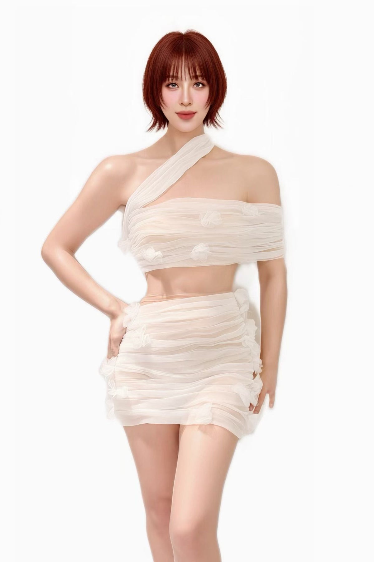 CELESINYI Moli Ivory Ruched Crop Top Set