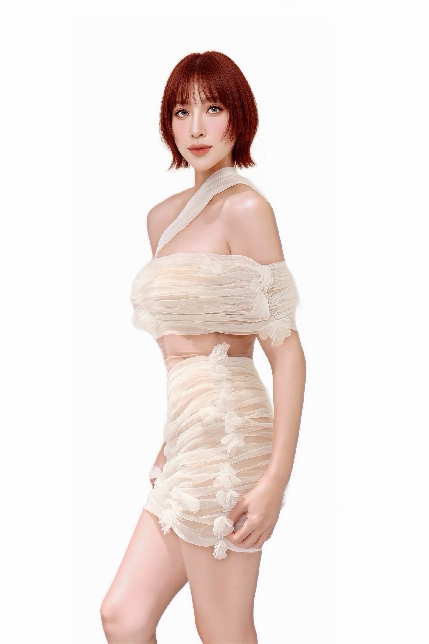 CELESINYI Moli Ivory Ruched Crop Top Set