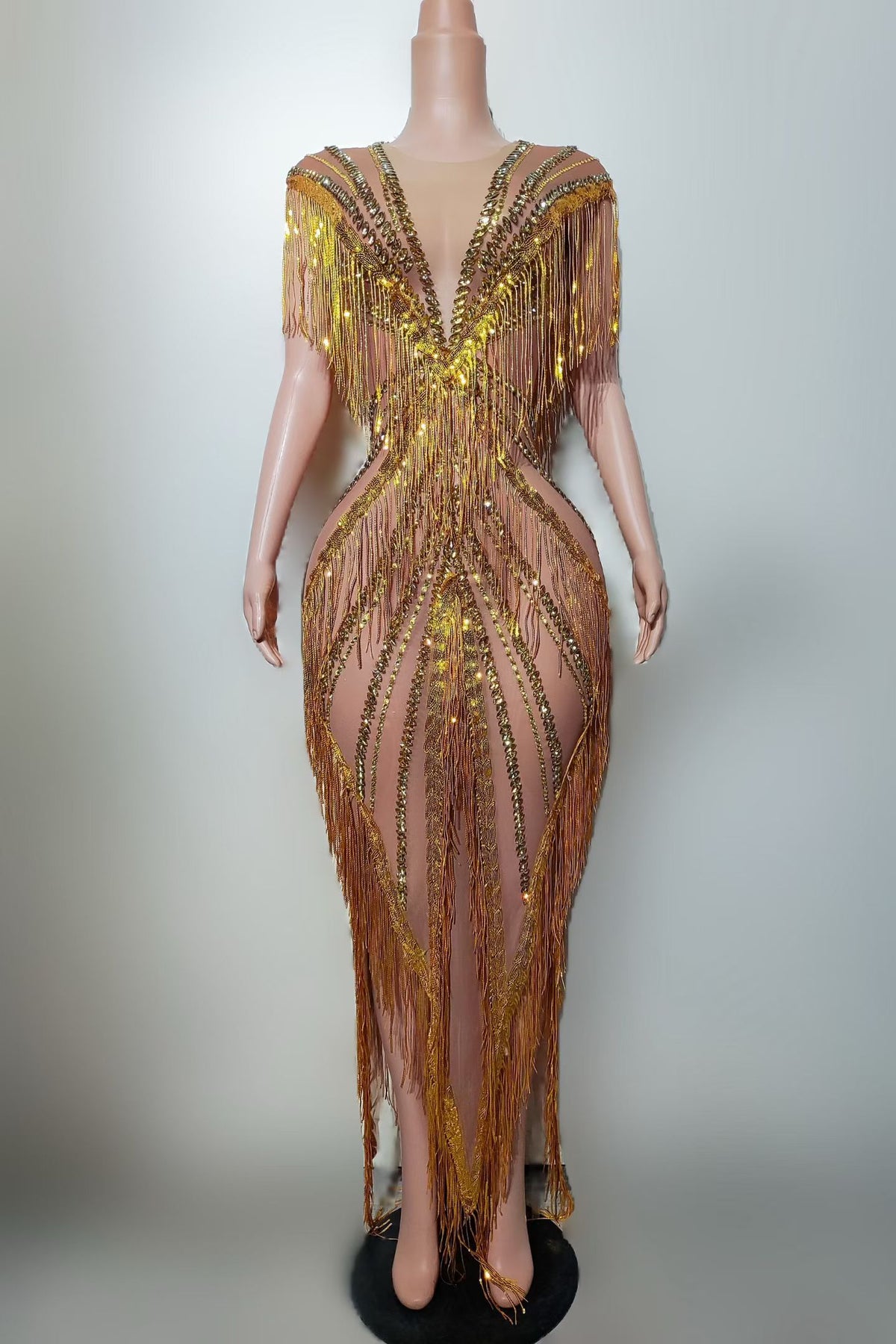 CELESINYI Shexian Crystal Gold Fringe Gown