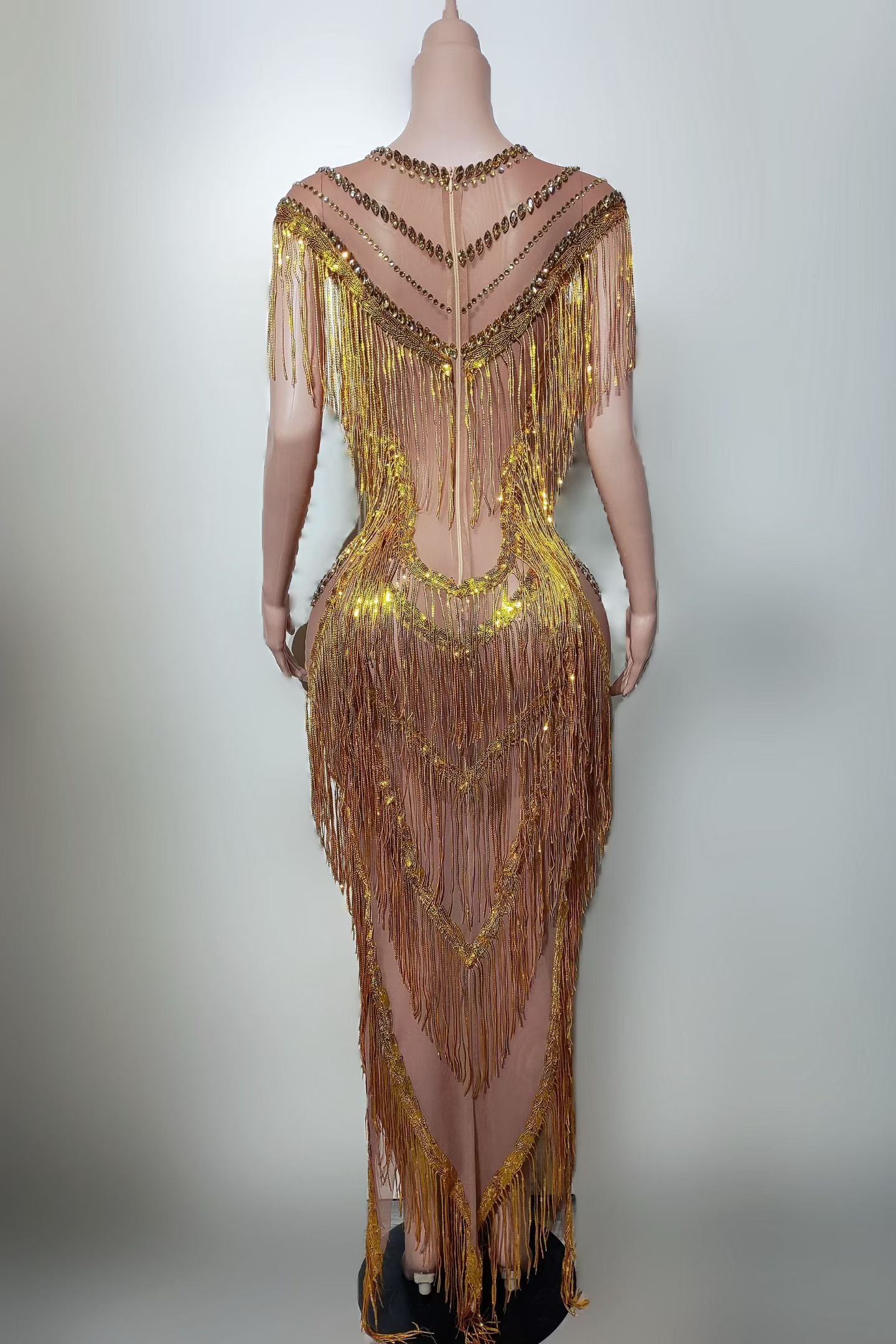 CELESINYI Shexian Crystal Gold Fringe Gown