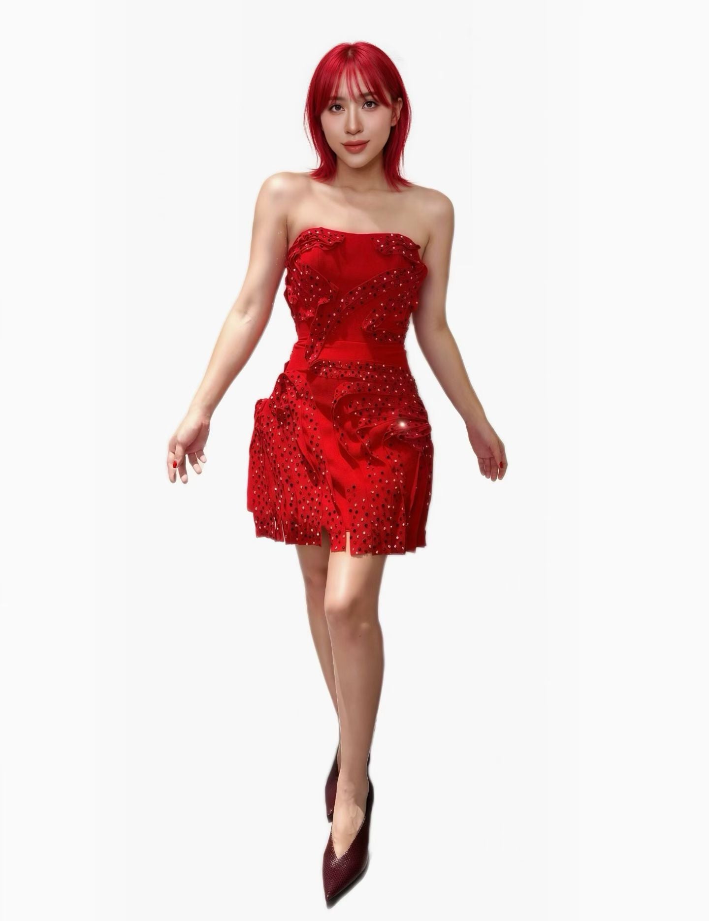 CELESINYI Hongdenglong Crystal Red Sculpted Mini Dress