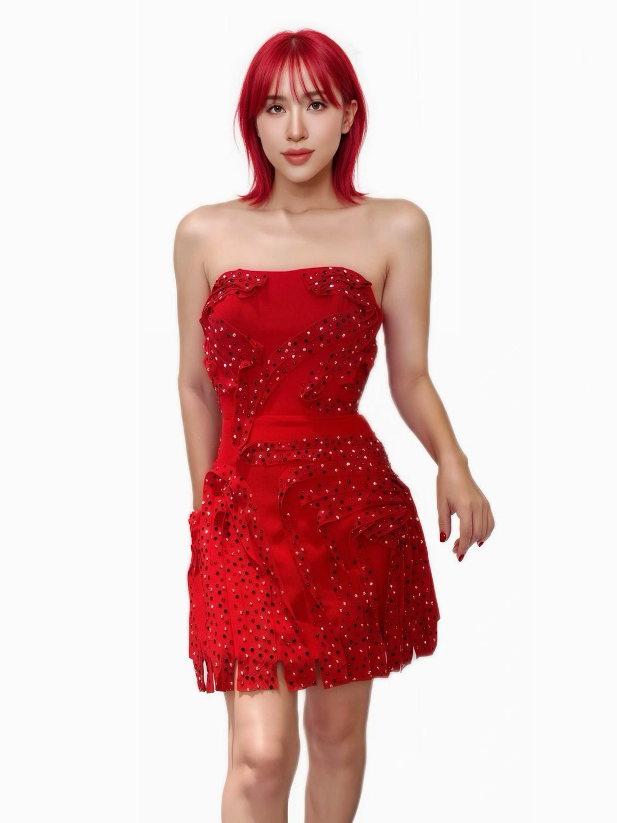 CELESINYI Hongdenglong Crystal Red Sculpted Mini Dress