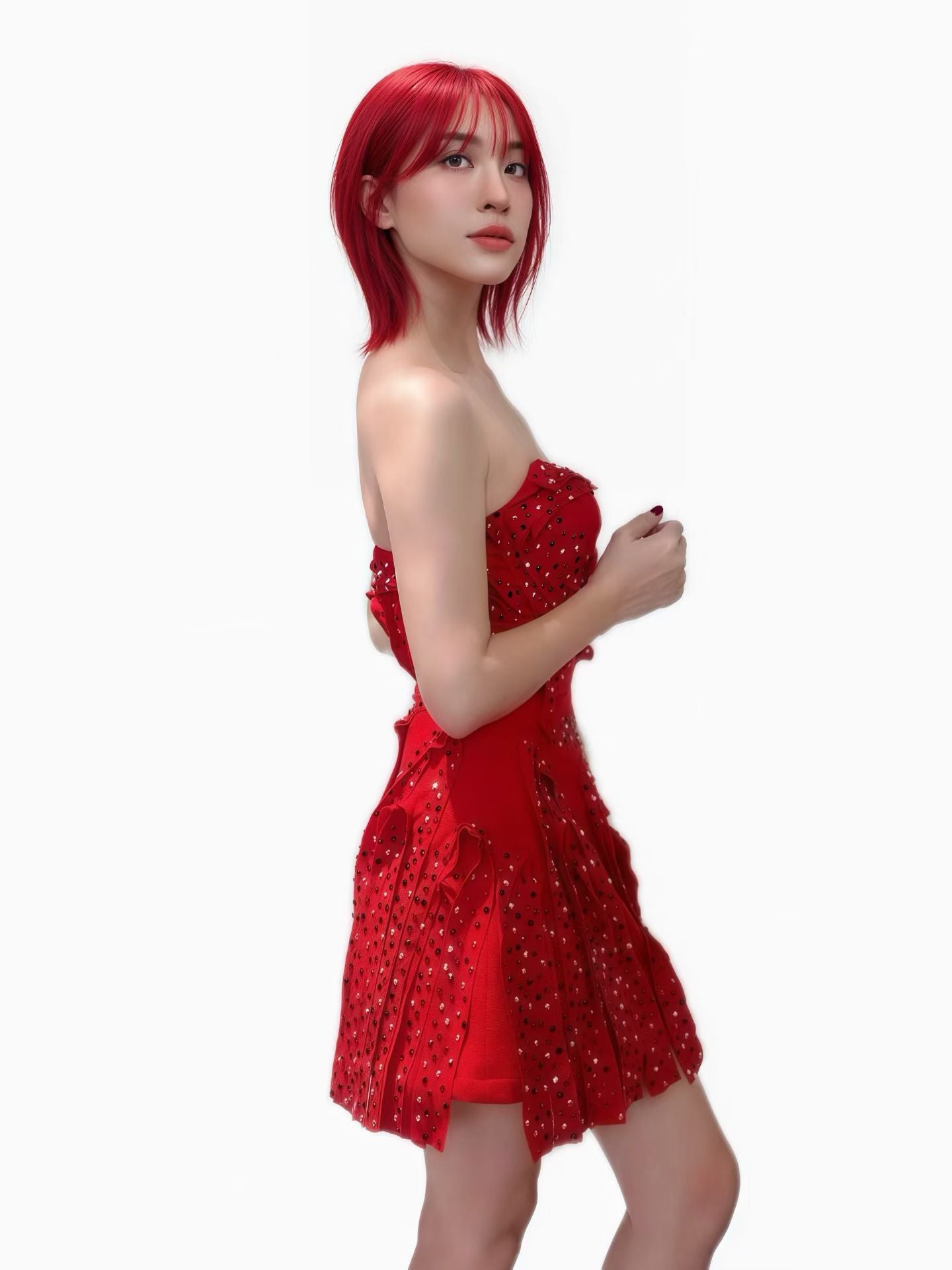CELESINYI Hongdenglong Crystal Red Sculpted Mini Dress