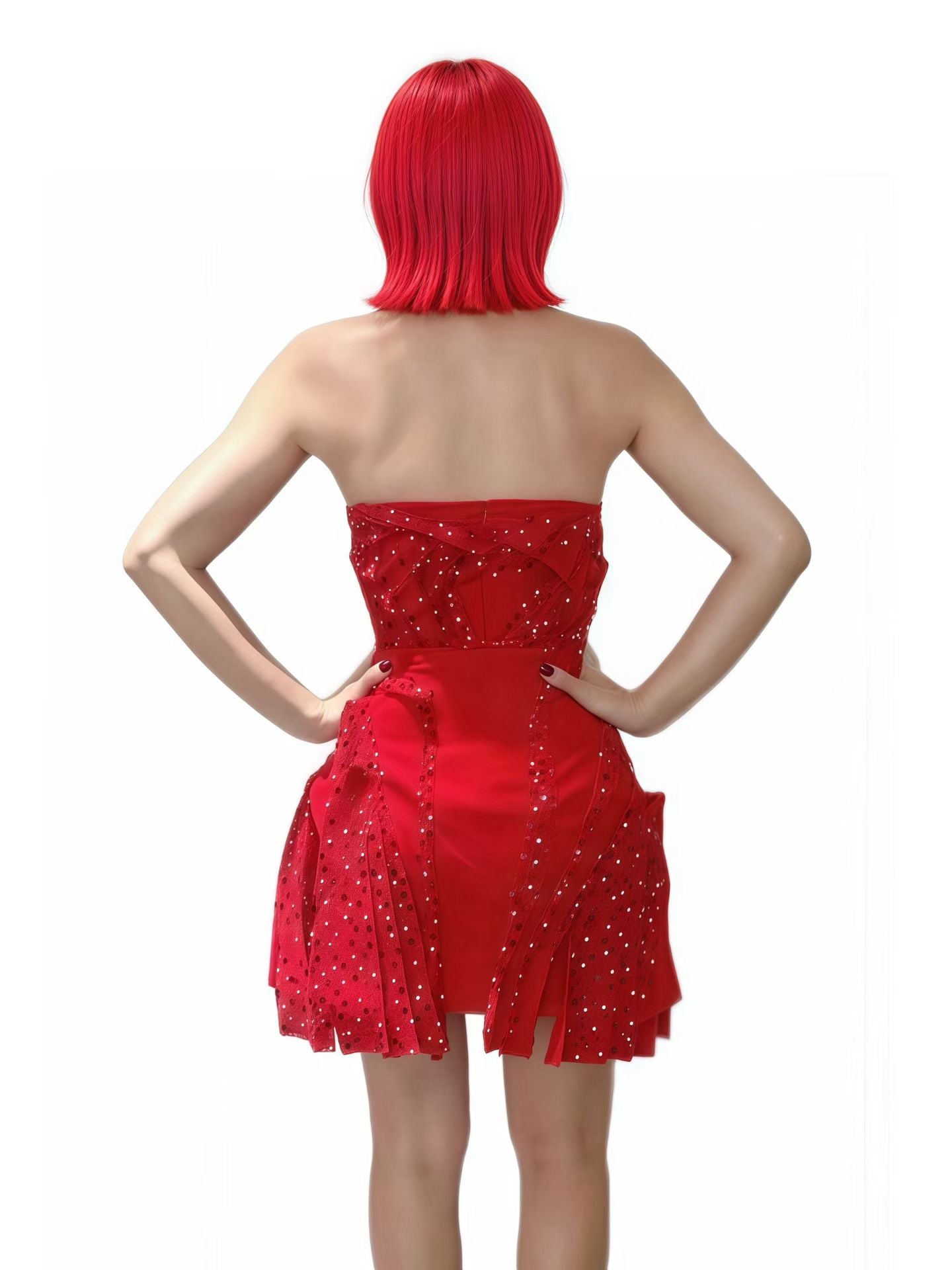 CELESINYI Hongdenglong Crystal Red Sculpted Mini Dress
