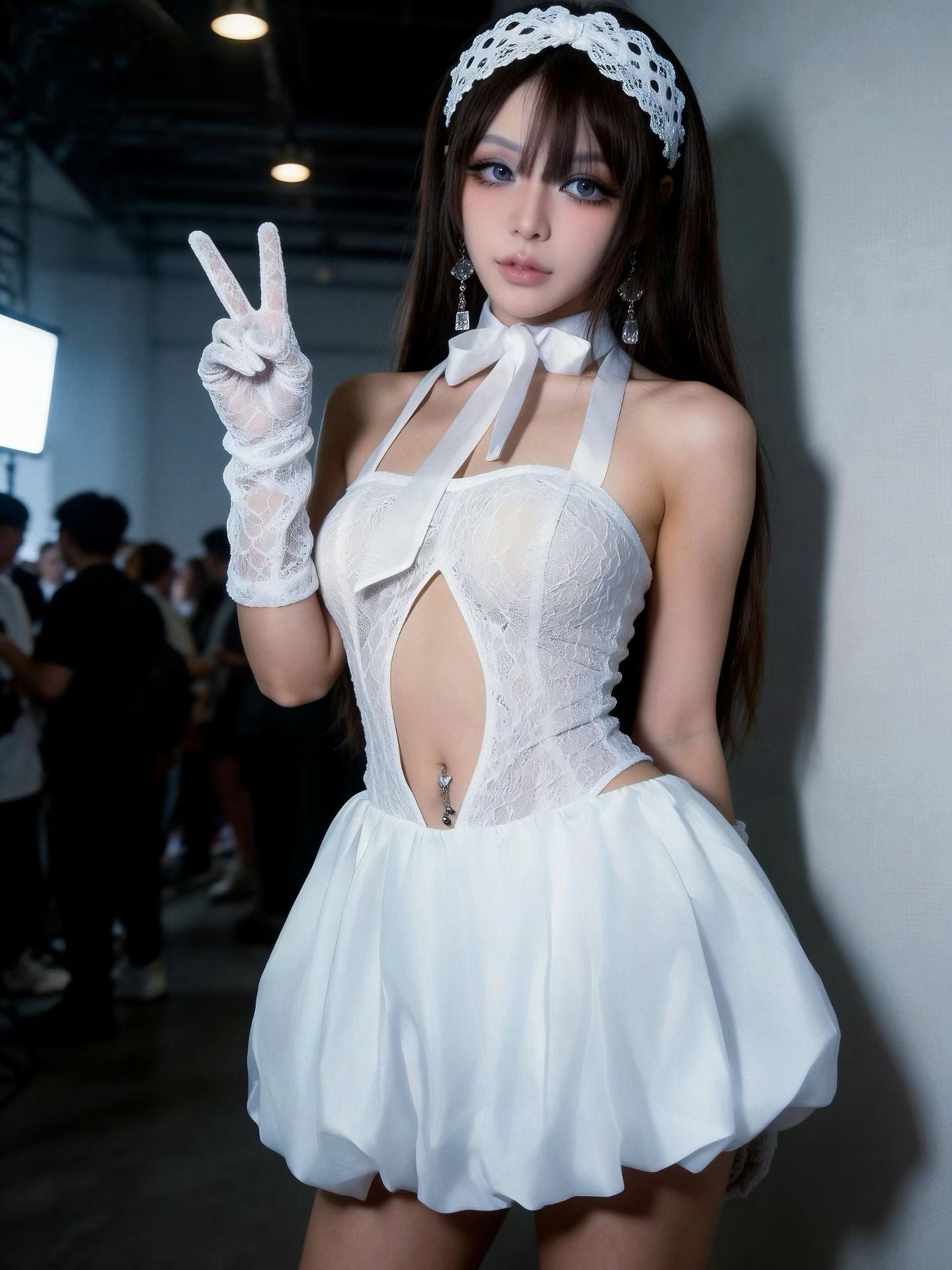 CELESINYI Baimao Crystal White Cat Balloon Mini Dress