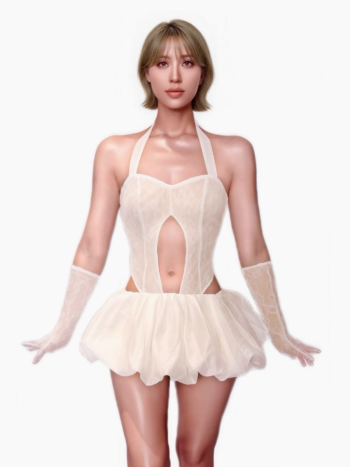 CELESINYI Baimao Crystal White Cat Balloon Mini Dress