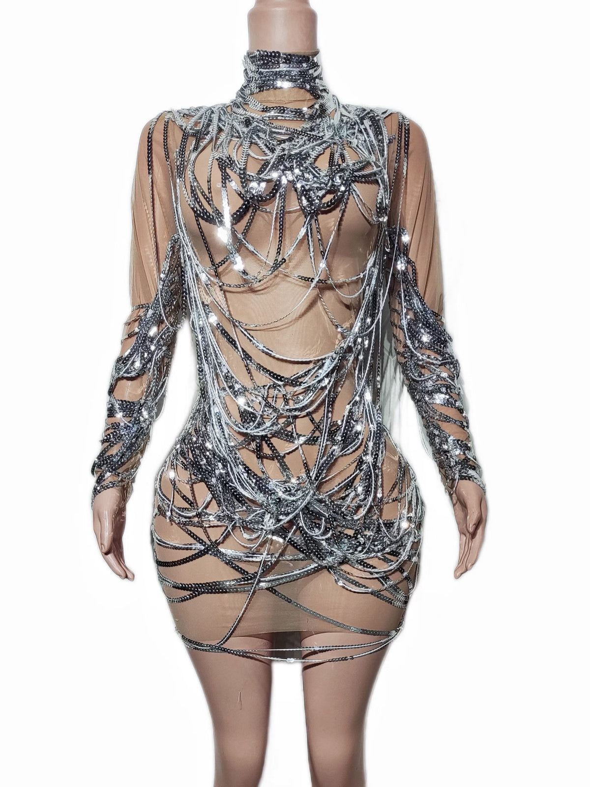CELESINYI Luanxian Crystal Silver Chain Mini Dress