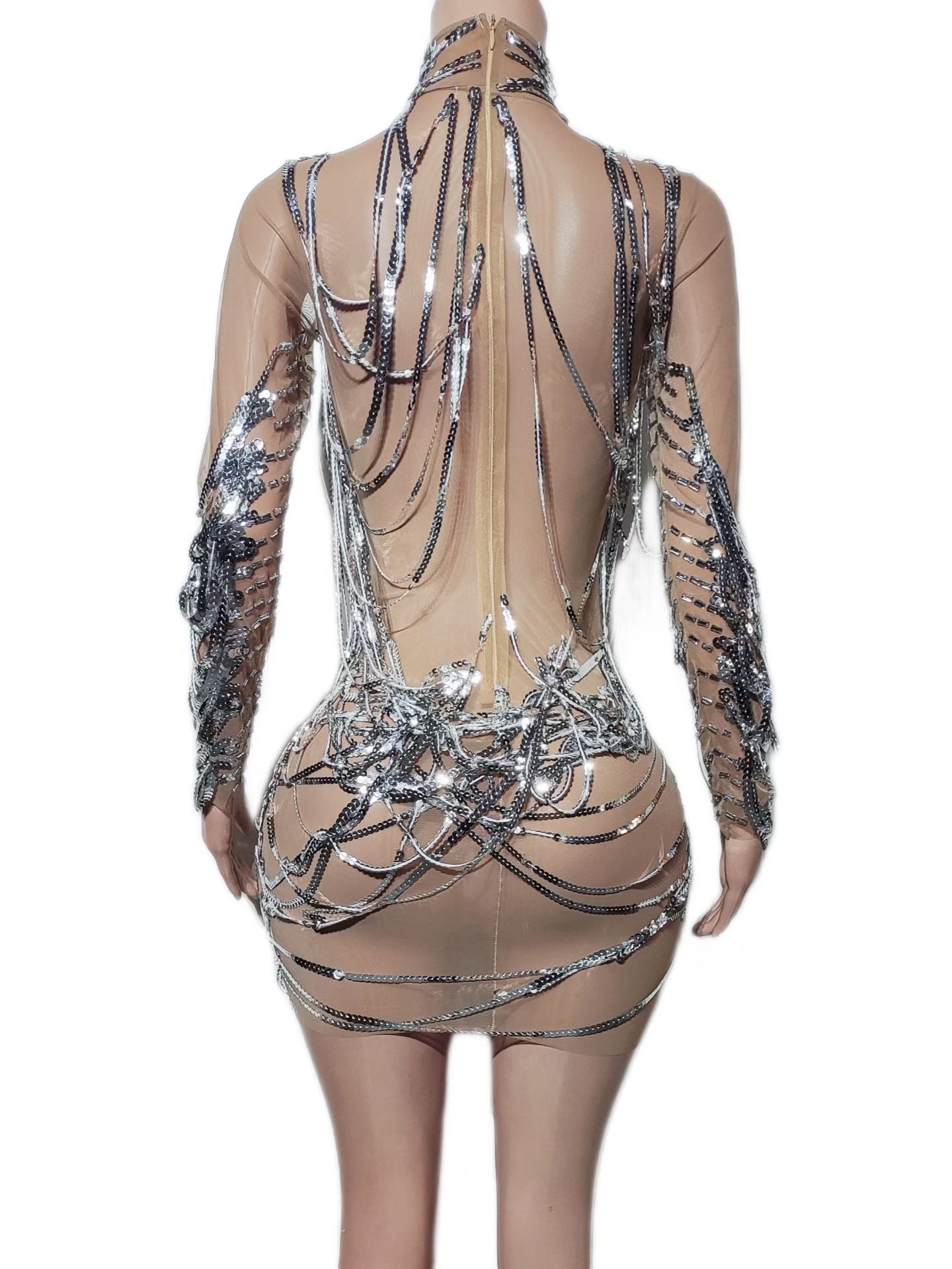 CELESINYI Luanxian Crystal Silver Chain Mini Dress
