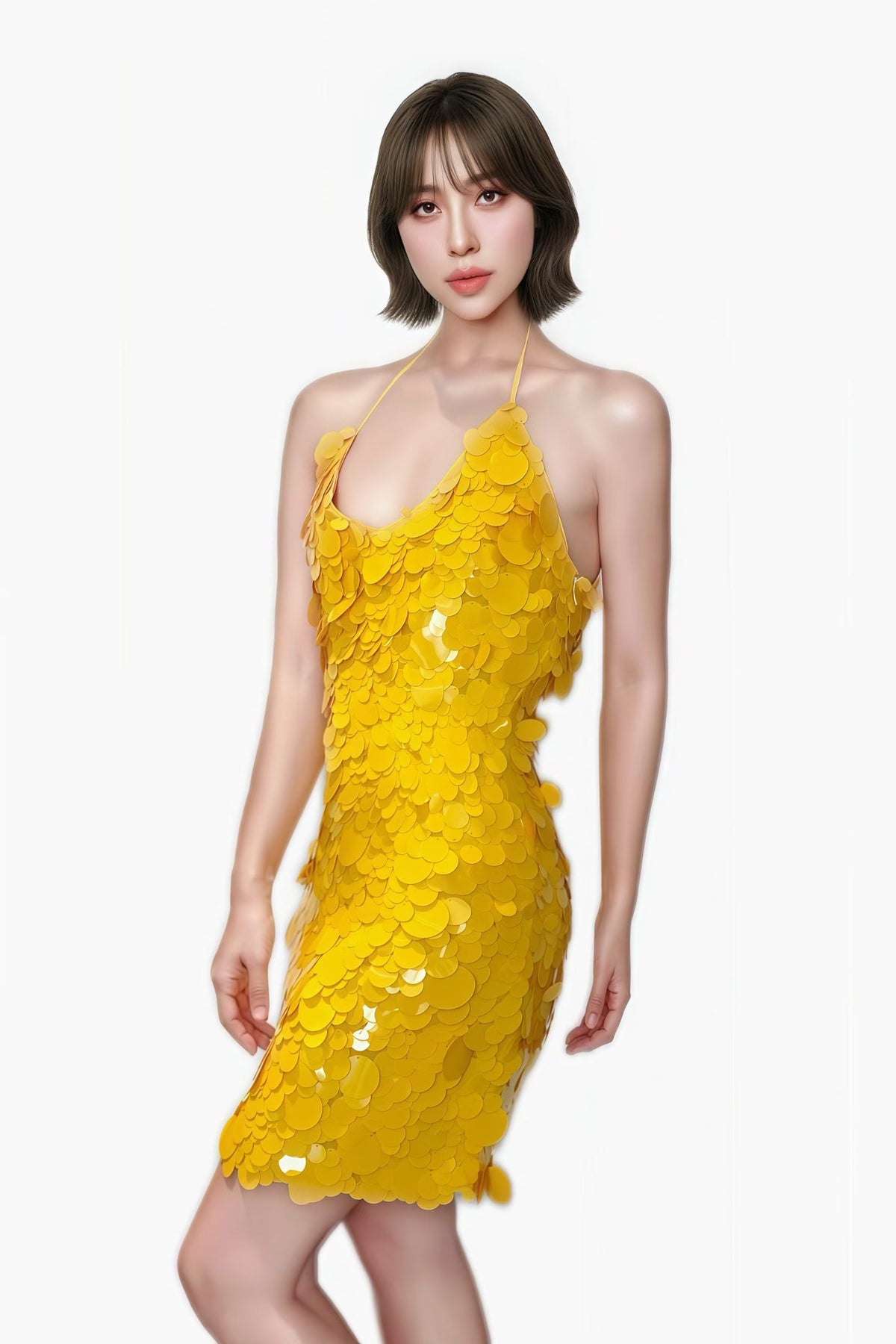 CELESINYI Huangdou Crystal Yellow Petal Halter Mini Dress