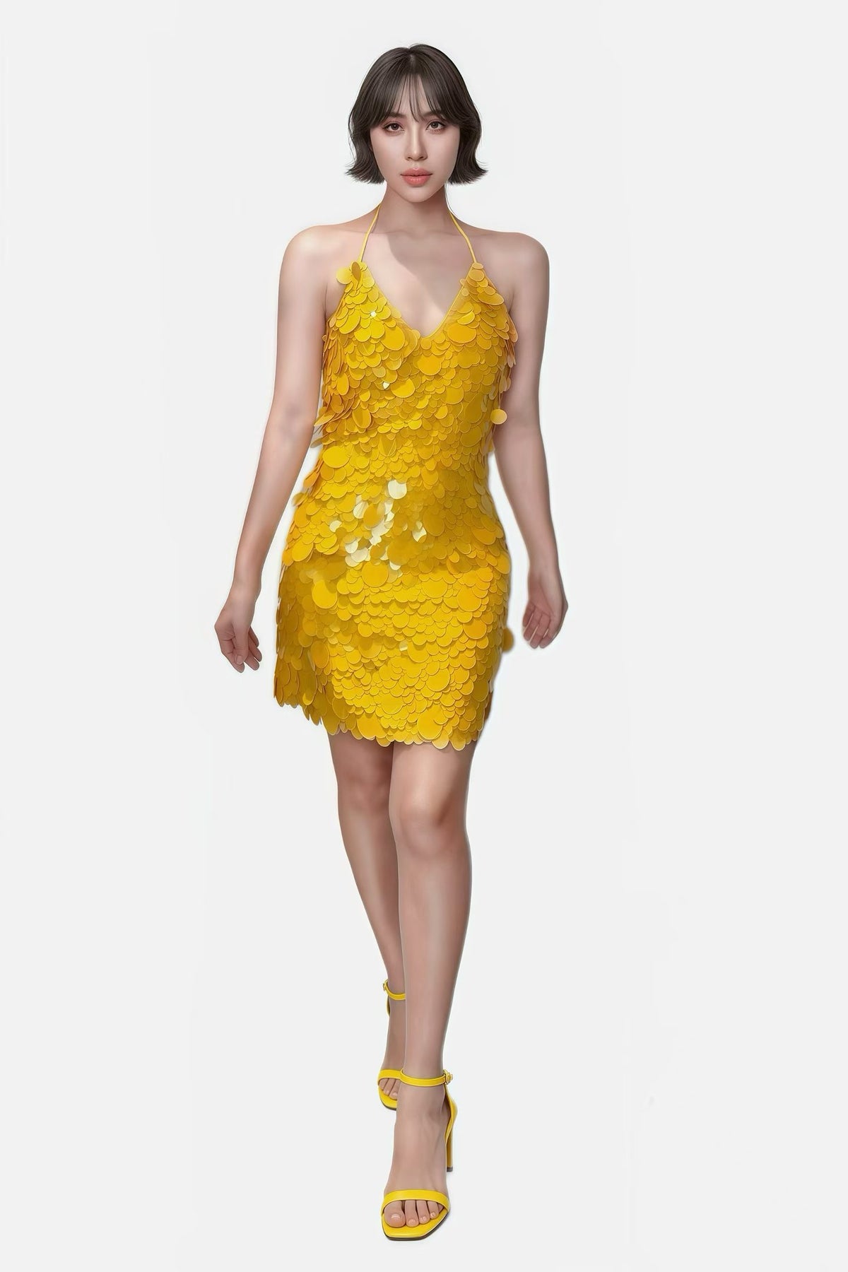 CELESINYI Huangdou Crystal Yellow Petal Halter Mini Dress