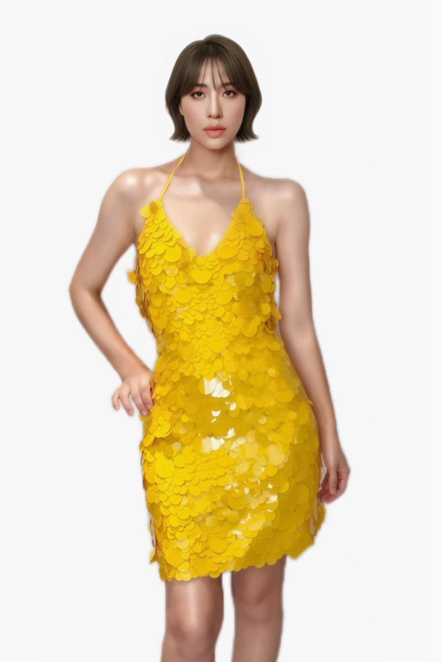 CELESINYI Huangdou Crystal Yellow Petal Halter Mini Dress