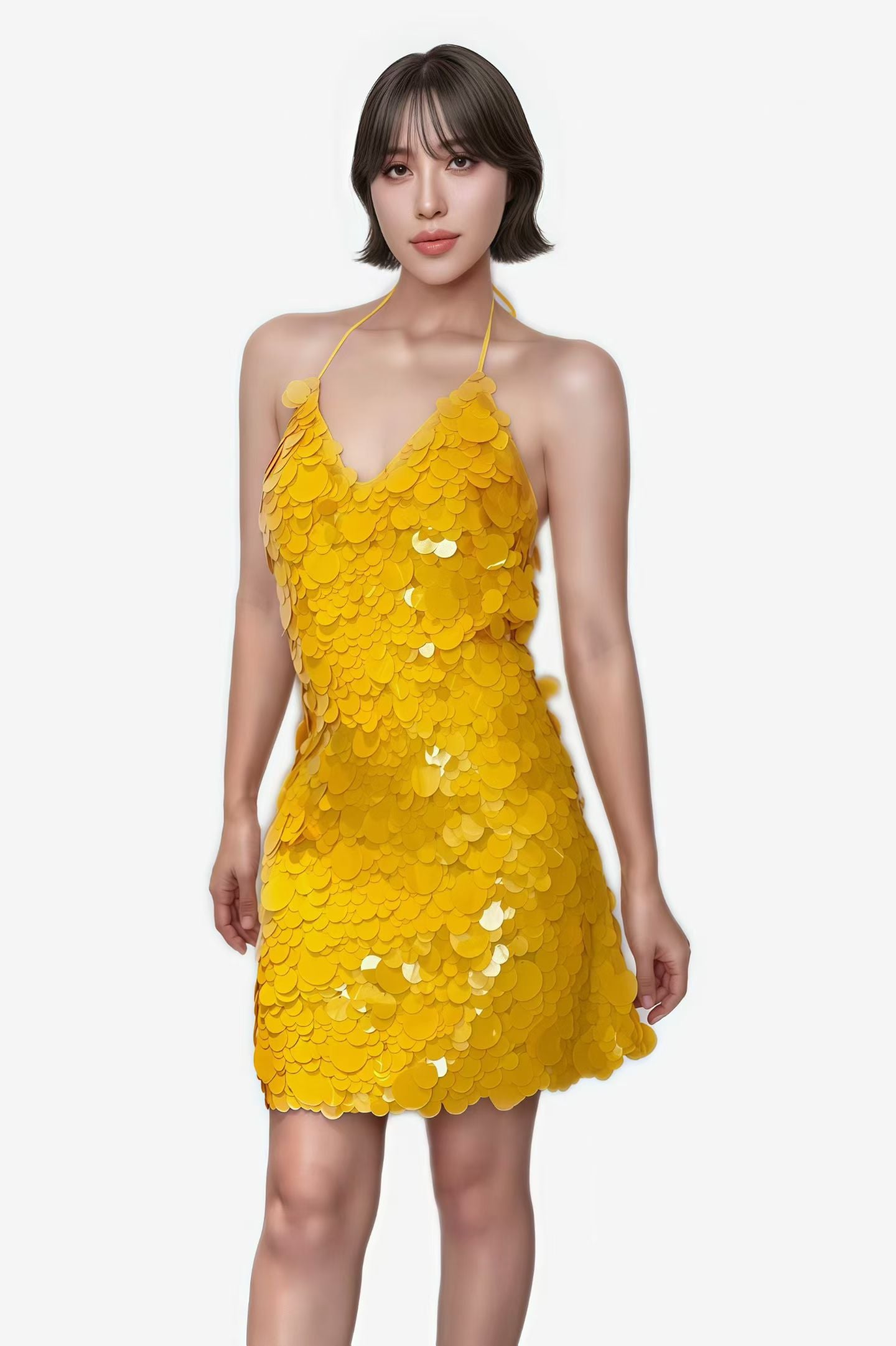 CELESINYI Huangdou Crystal Yellow Petal Halter Mini Dress