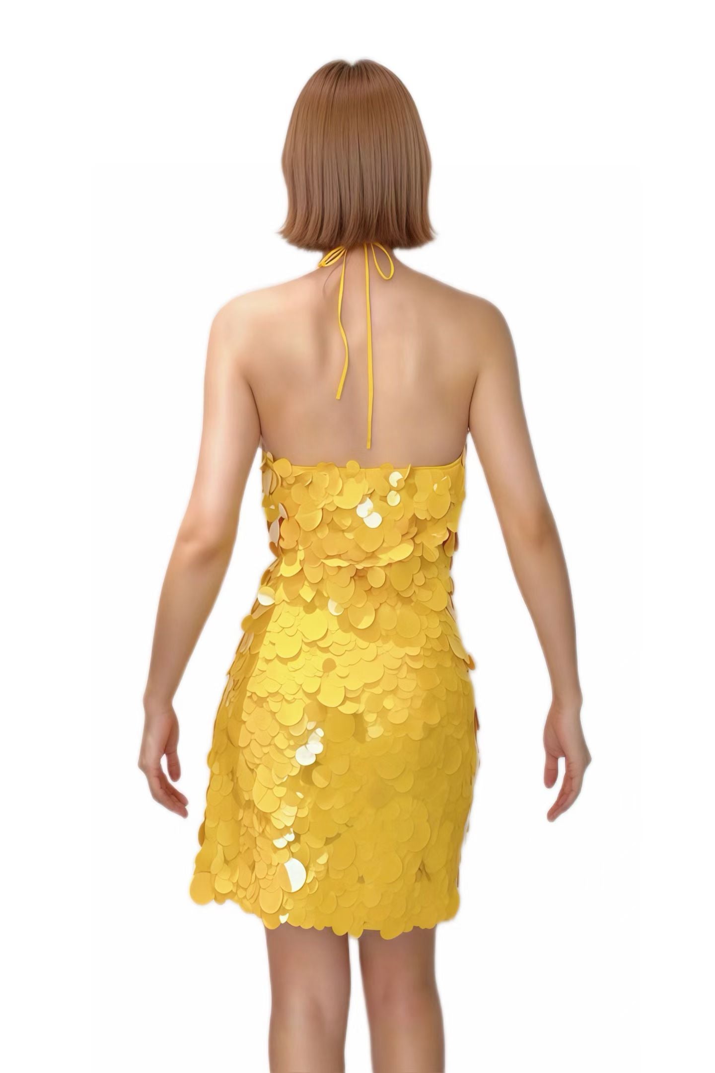 CELESINYI Huangdou Crystal Yellow Petal Halter Mini Dress