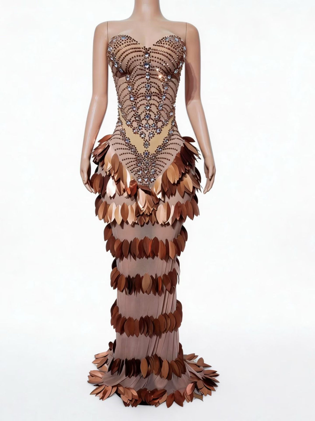 CELESINYI Chaye Crystal Bronze Leaf Mermaid Gown