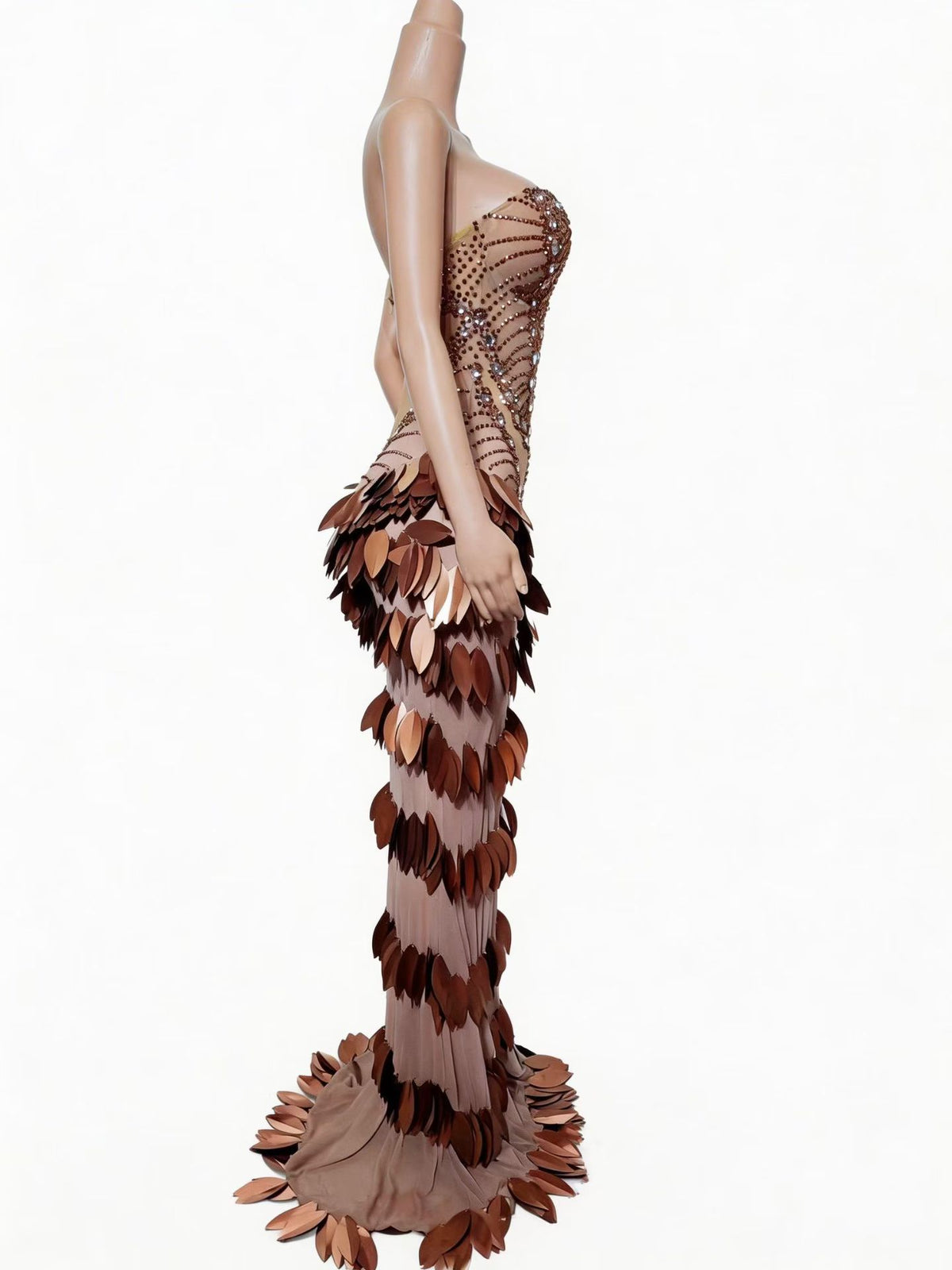 CELESINYI Chaye Crystal Bronze Leaf Mermaid Gown