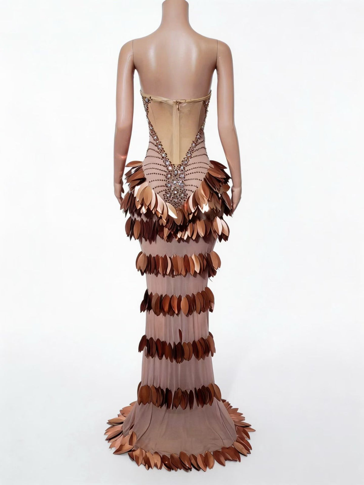 CELESINYI Chaye Crystal Bronze Leaf Mermaid Gown