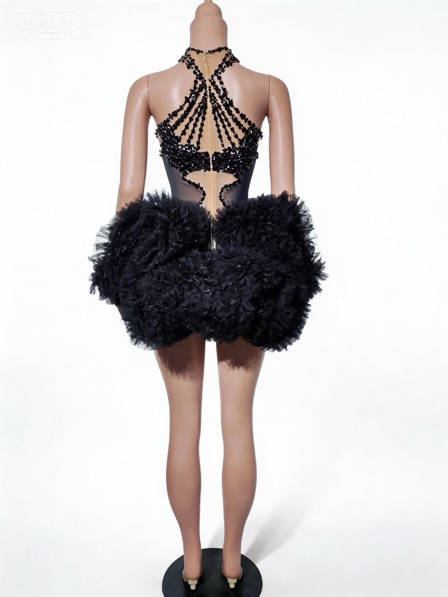 CELESINYI Heileisha Crystal Black Sculpted Mini Dress