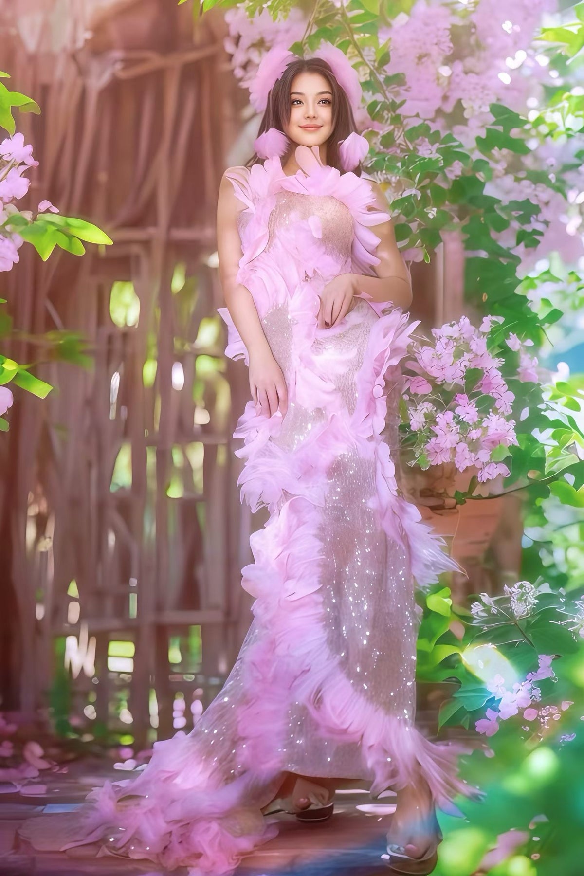 CELESINYI Huameiniao Crystal Pink Feather Fairy Gown
