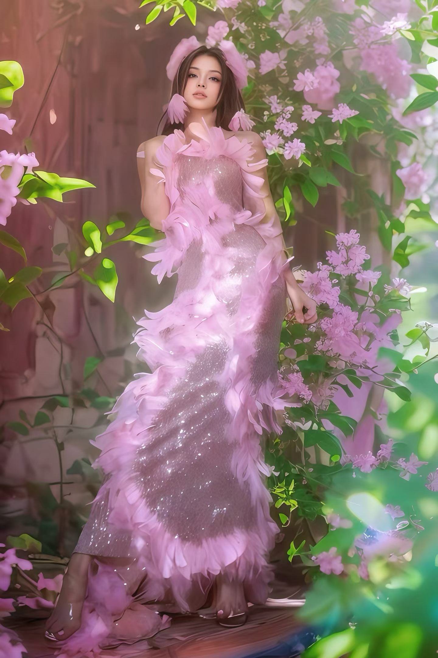 CELESINYI Huameiniao Crystal Pink Feather Fairy Gown