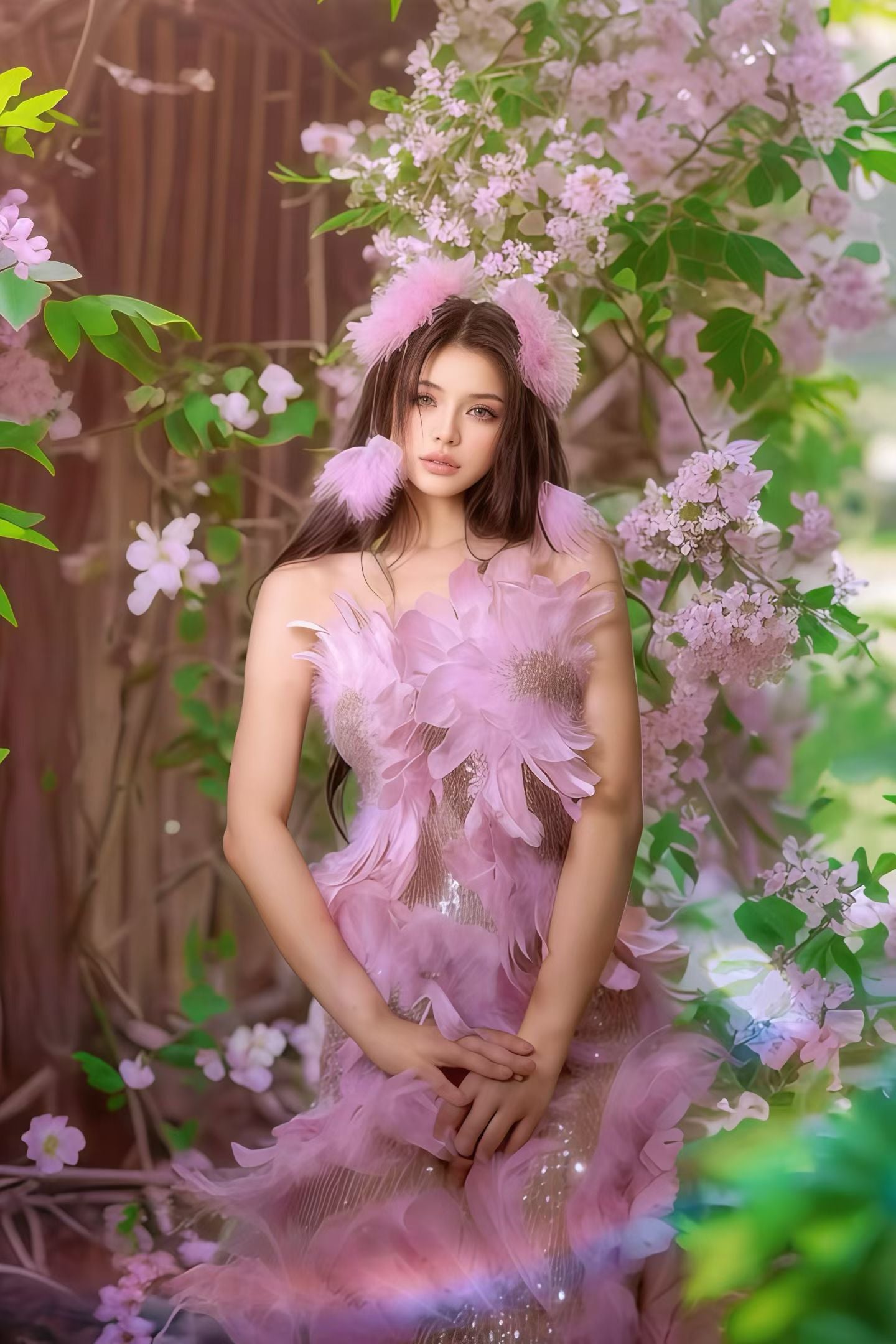 CELESINYI Huameiniao Crystal Pink Feather Fairy Gown