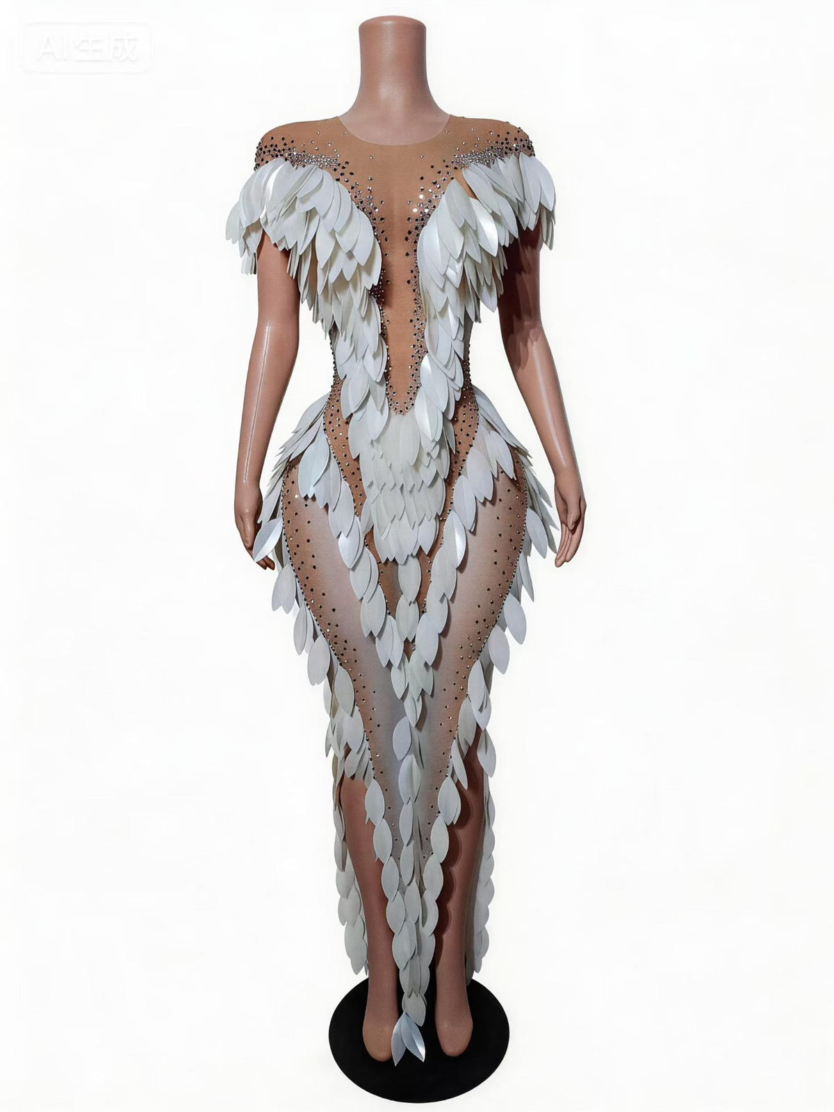 CELESINYI Mobai Crystal White Feather Leaf Gown