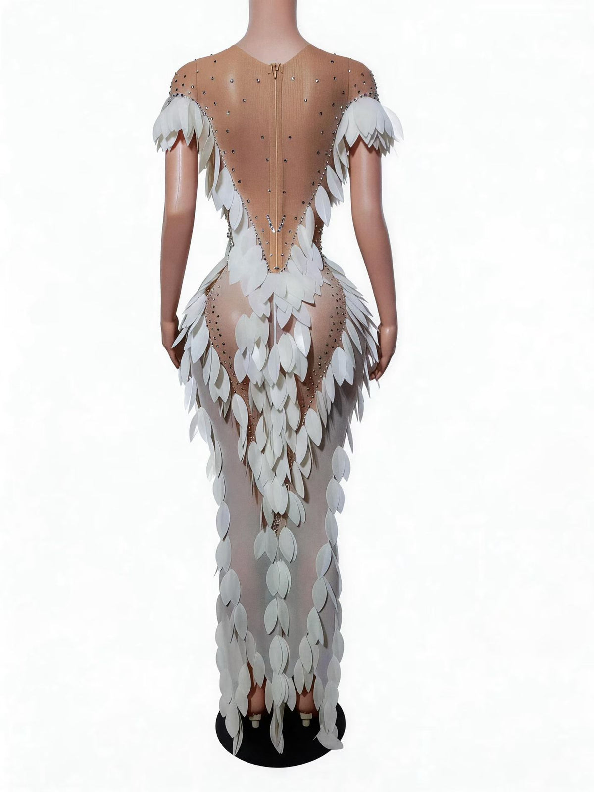 CELESINYI Mobai Crystal White Feather Leaf Gown