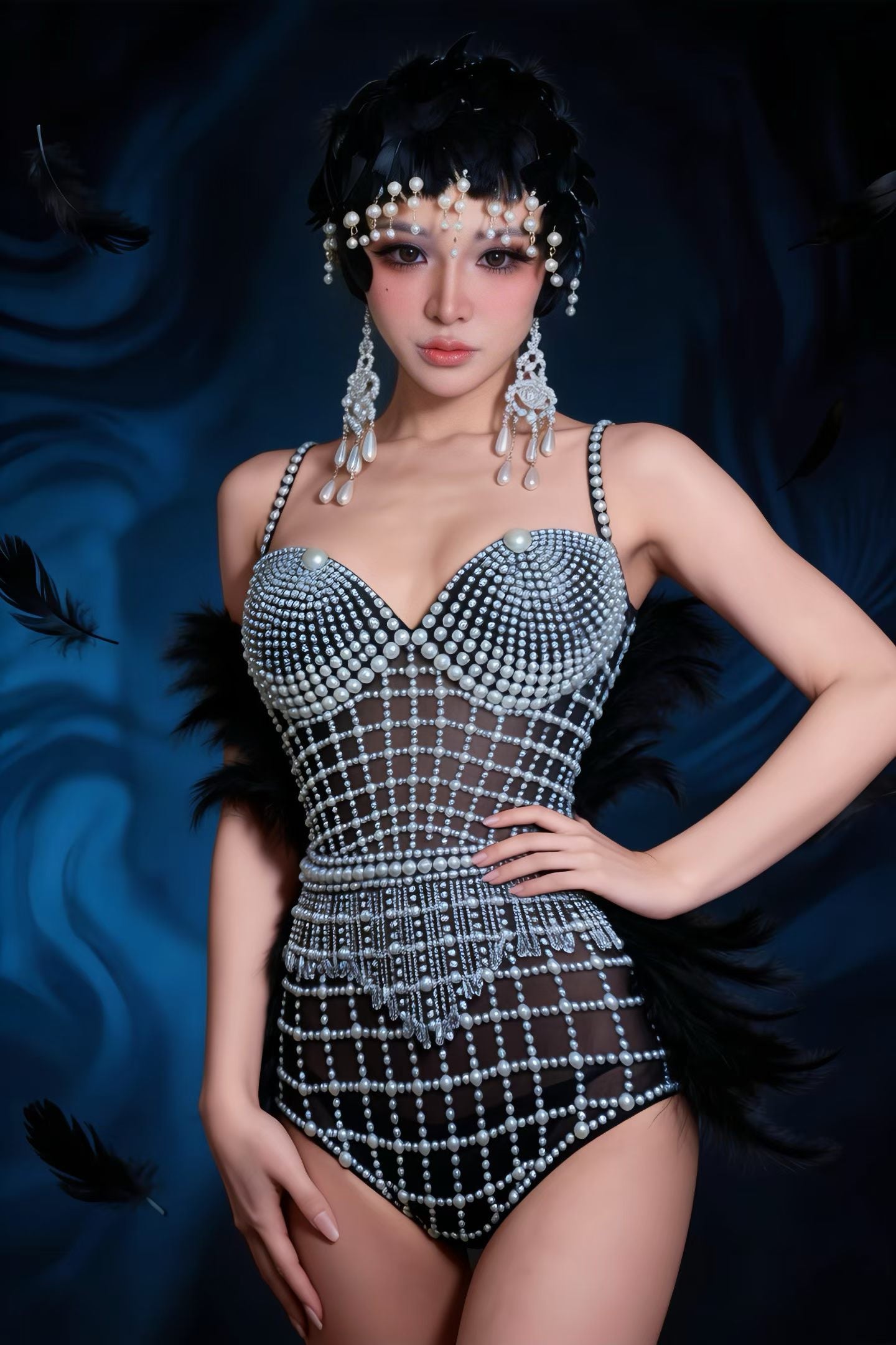 CELESINYI Junjun Crystal Pearl Feather Flapper Bodysuit