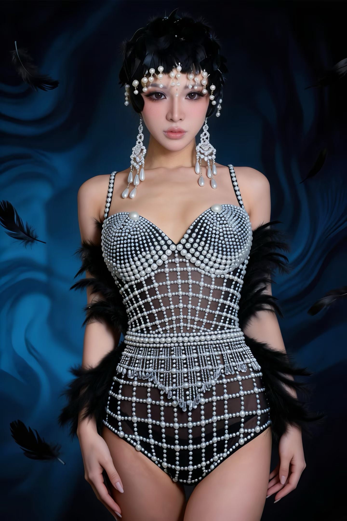 CELESINYI Junjun Crystal Pearl Feather Flapper Bodysuit