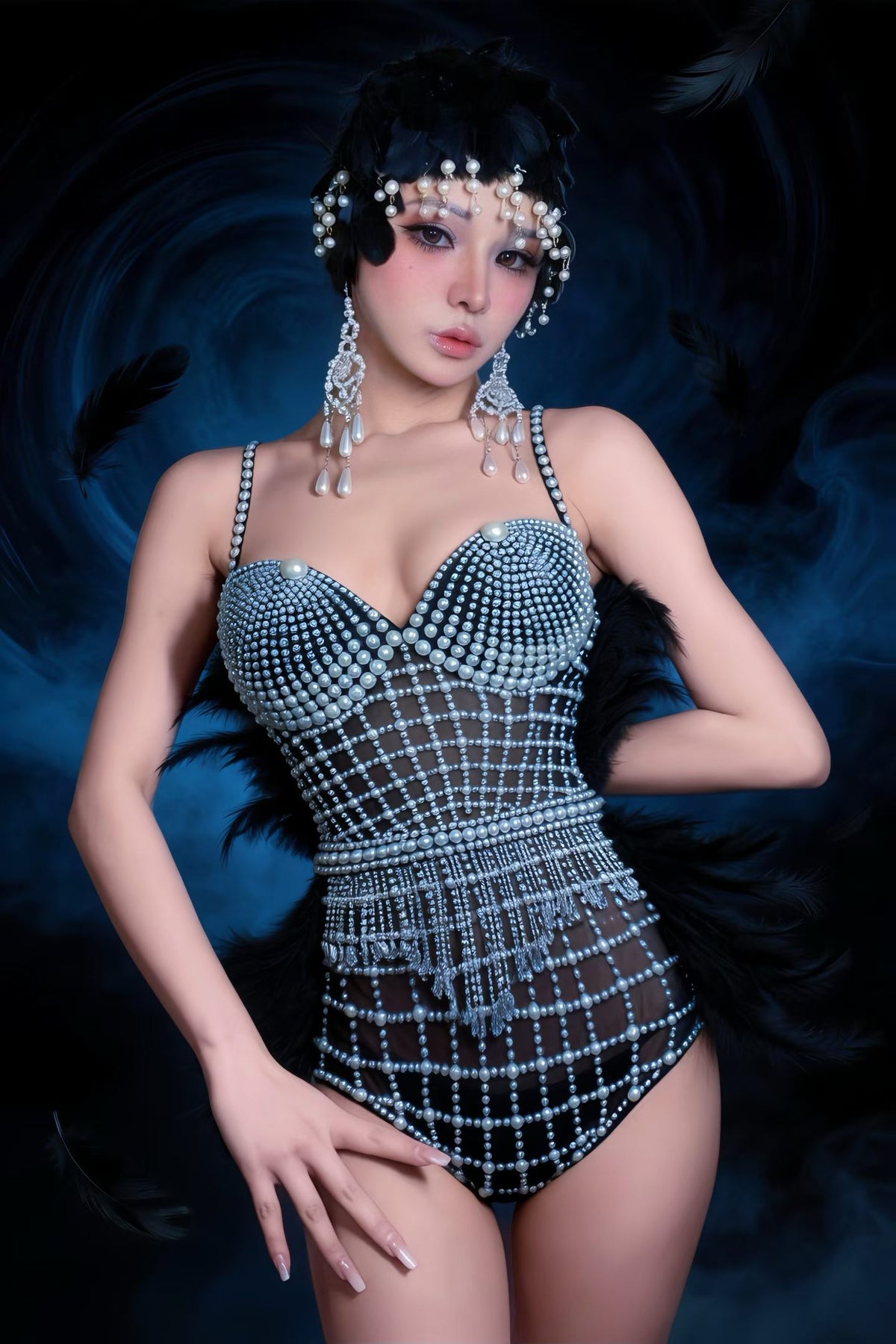 CELESINYI Junjun Crystal Pearl Feather Flapper Bodysuit